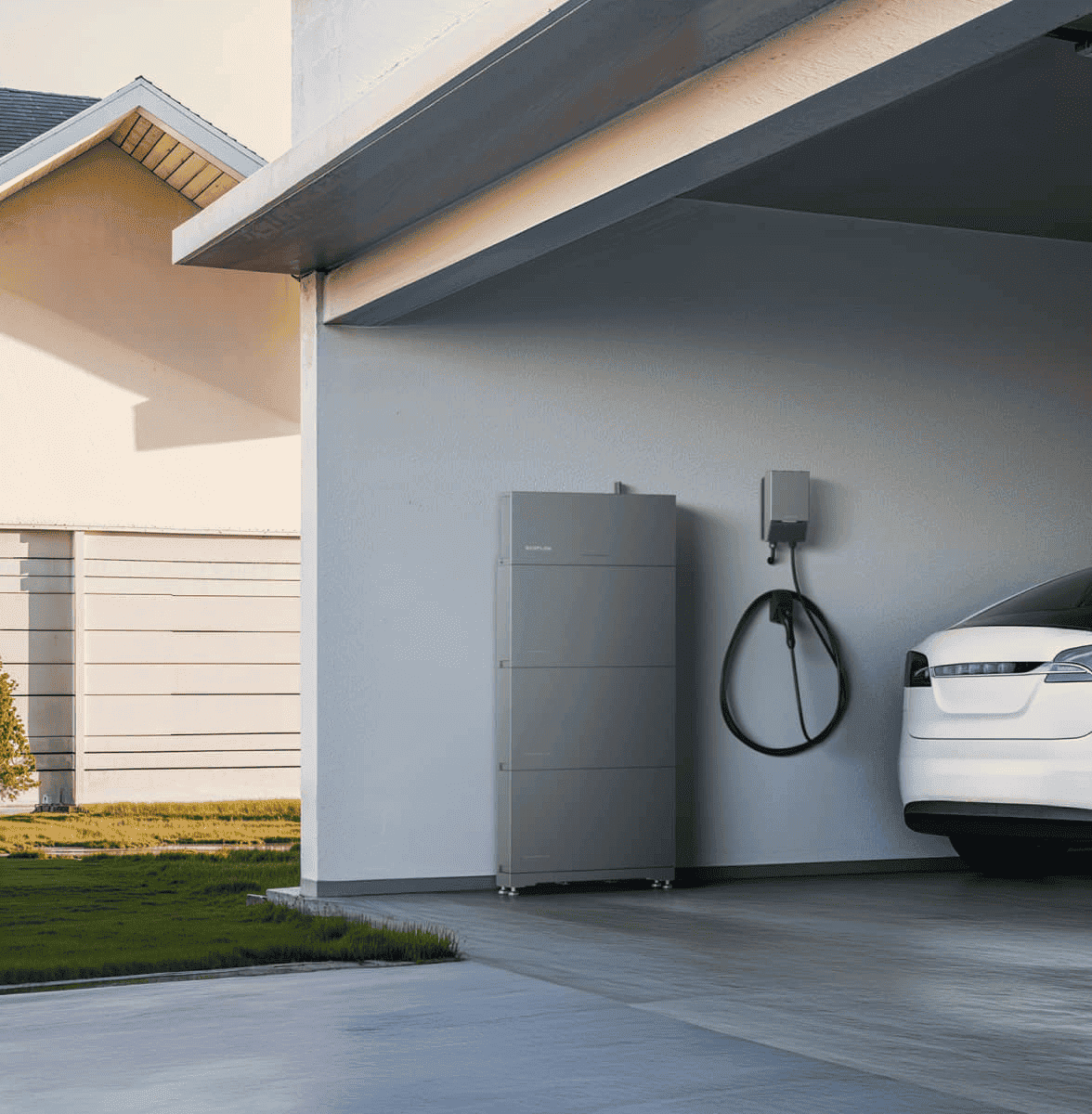 Outdoor heat pump unit installed outside a modern house