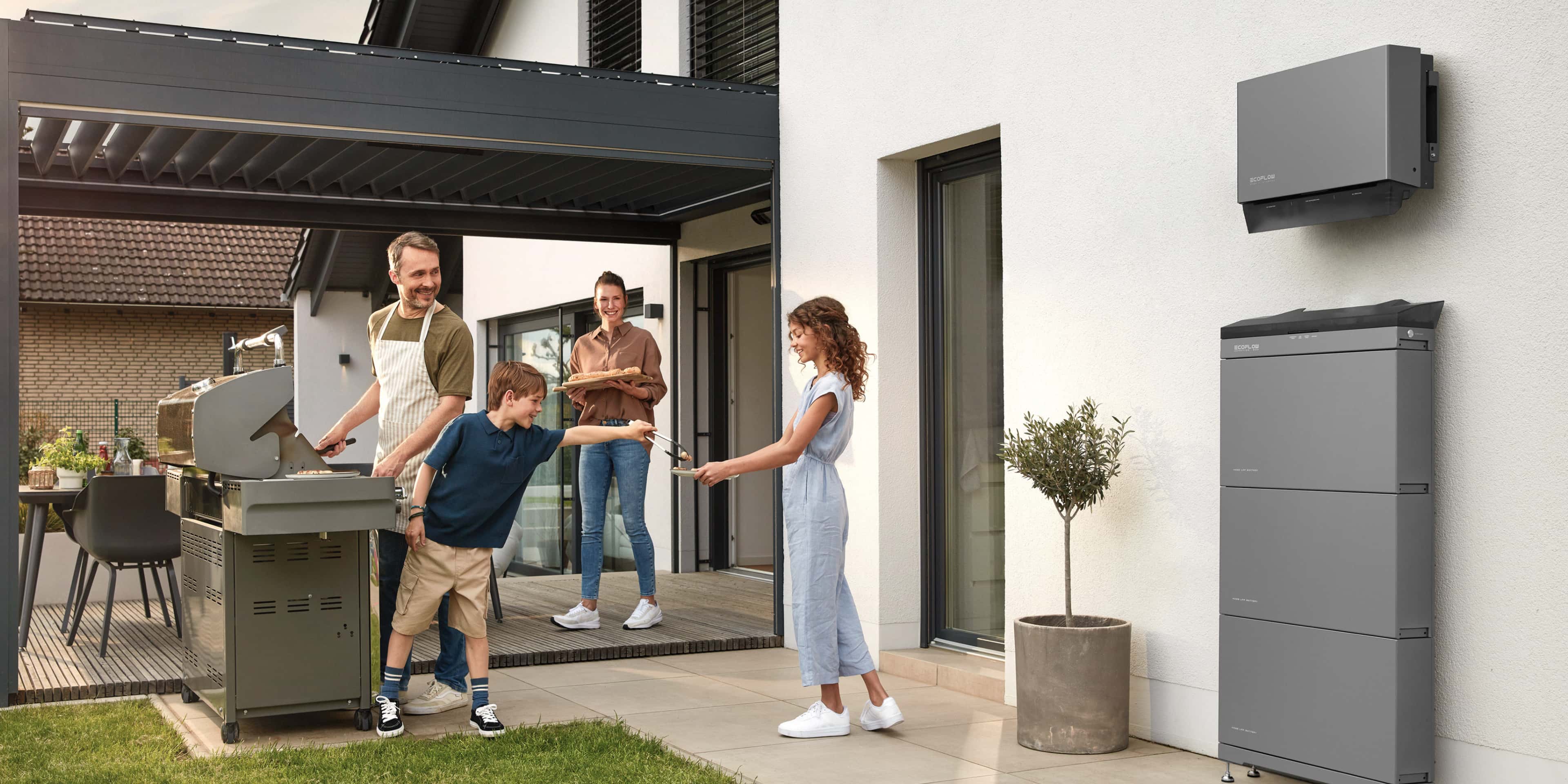 A 4-person household with an outdoor patio where a home battery storage system is installed to maximise solar energy efficiency