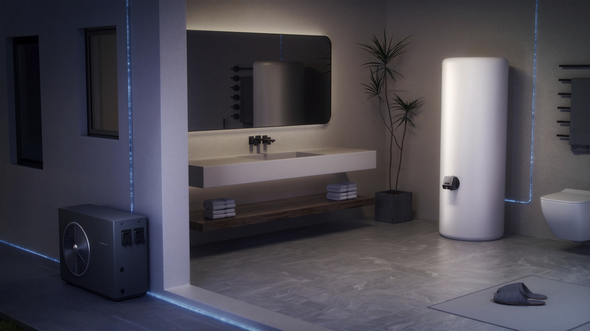 EcoFlow PowerHeat Außengerät und EcoFlow PowerGlow in moderner Badezimmerinstallation