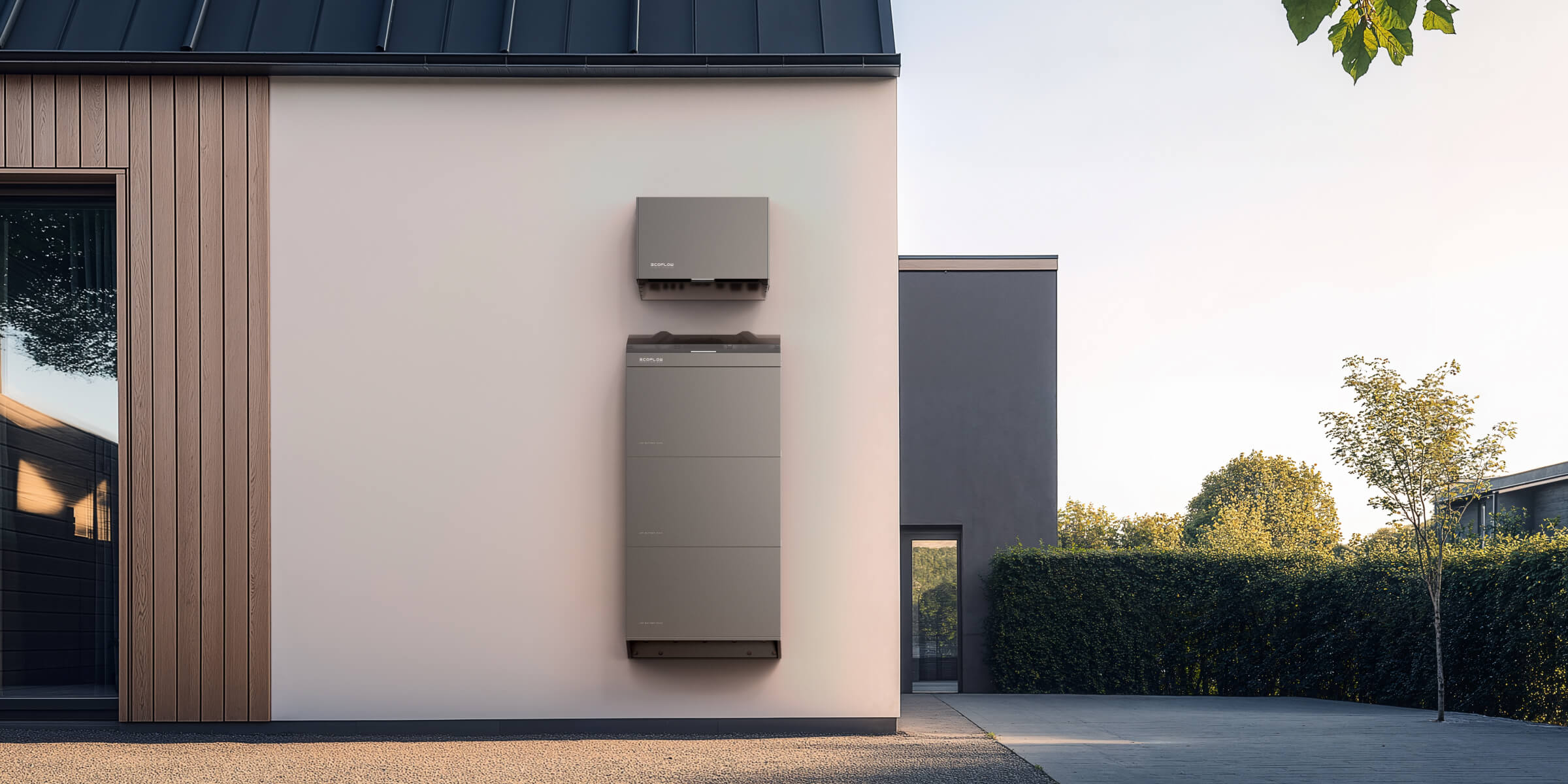 House with wall-mounted home battery storage