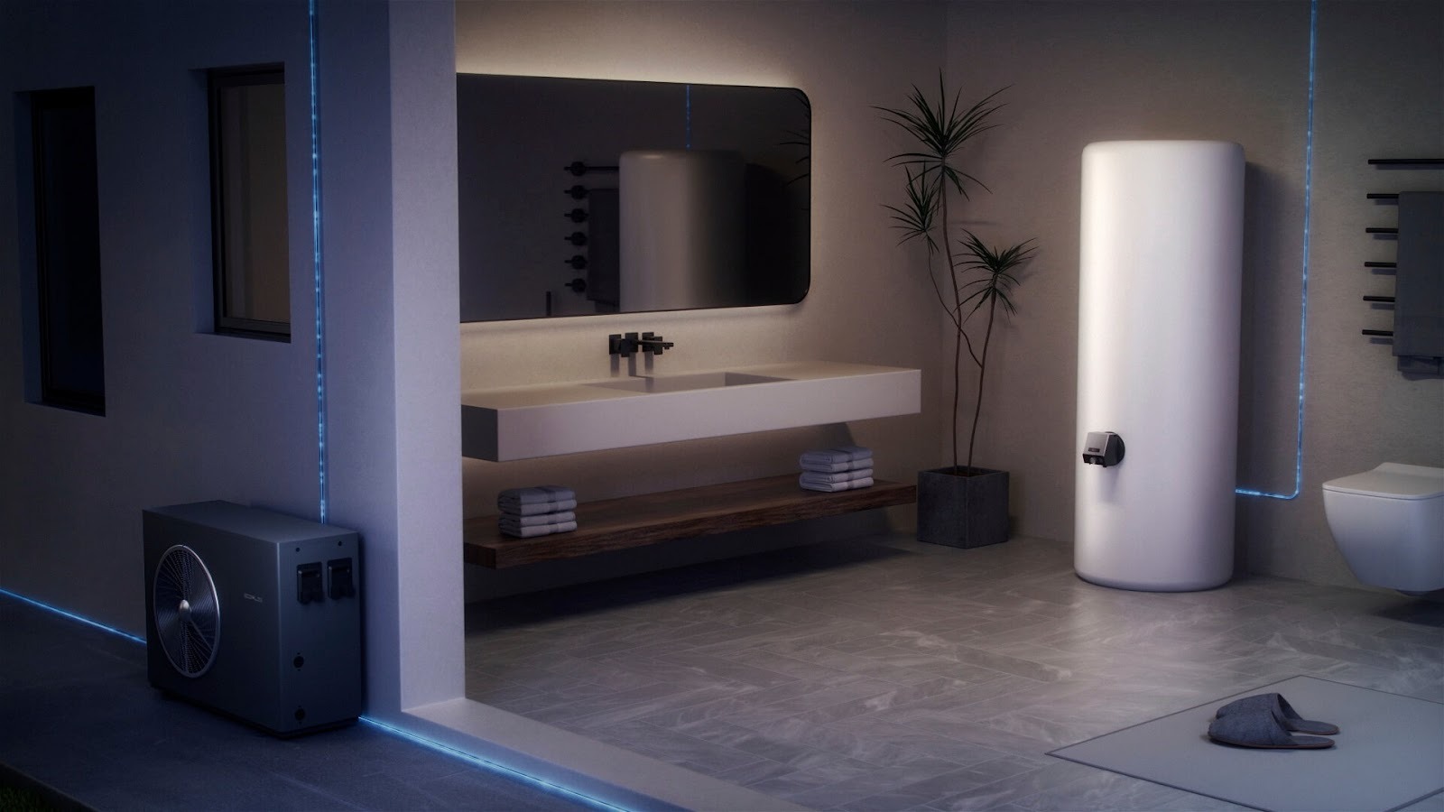 An immersion heating element with buffer storage tank in a home bathroom, connected to a heat pump