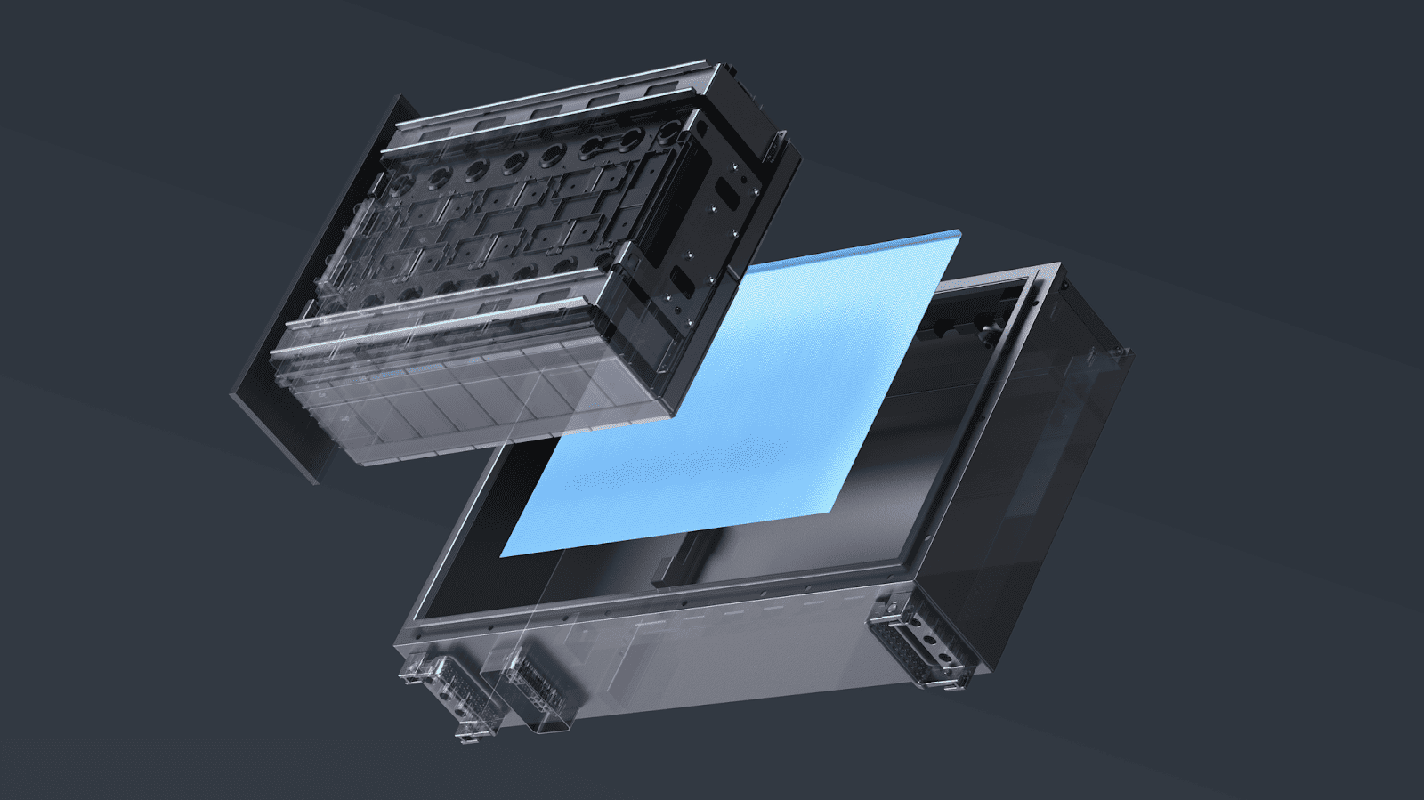 Exploded view of a modular battery pack with internal cells and casing separated.