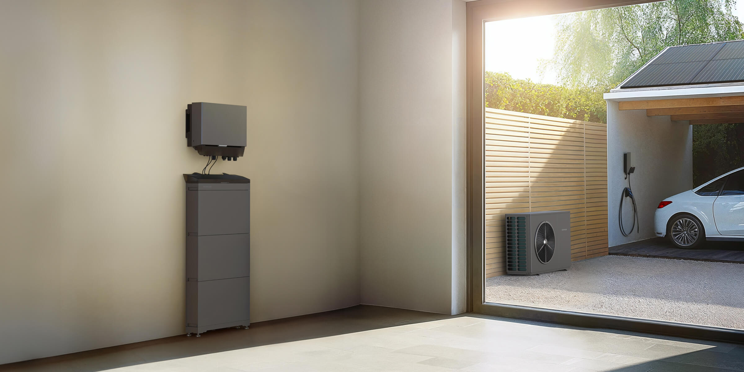 Una pompa di calore aria-acqua installata con un sistema di accumulo di energia e un caricatore per auto elettrica