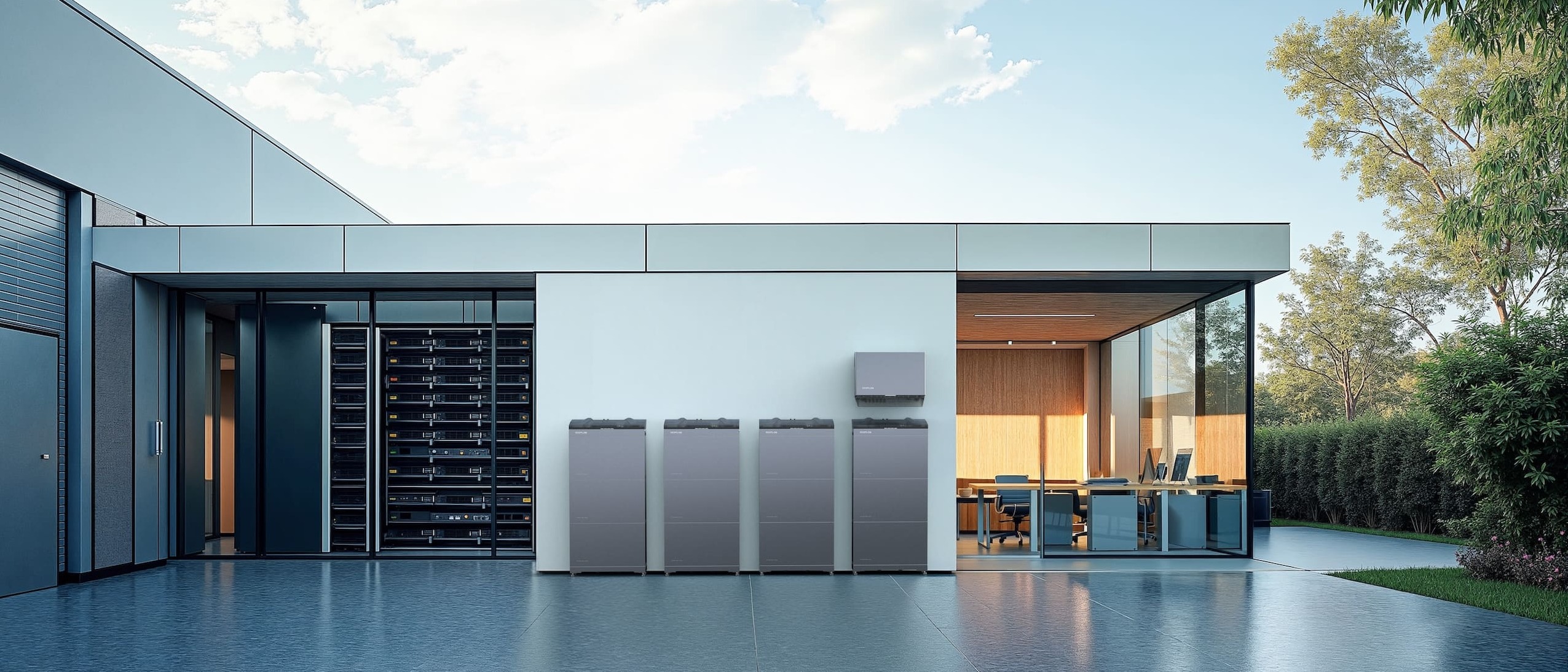 Nowoczesny dom z dużym systemem przechowywania zainstalowanym na zewnątrz