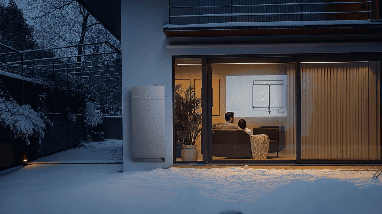 Außen an der Hauswand installierter Heimspeicher im Winter Teil eines PV Systems mit Versicherungsschutz.