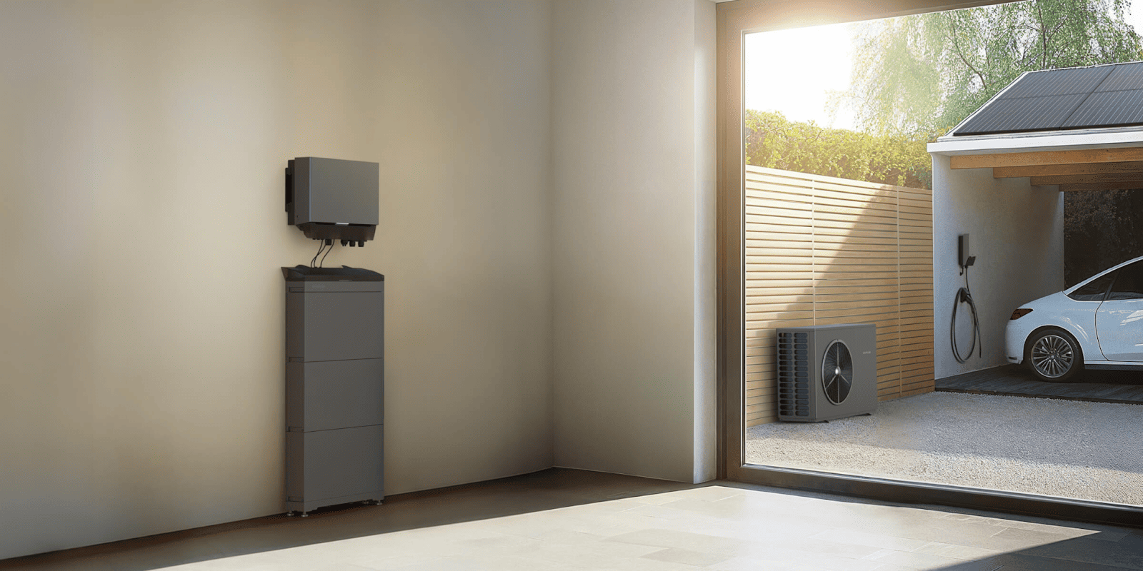 A heat pump, energy storage, and EV charger installed in a home garage with roof PV panels