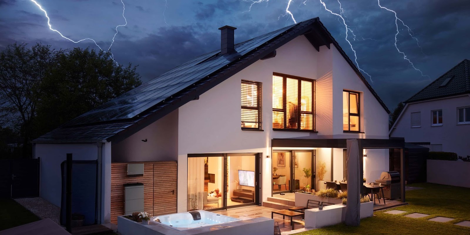 A home with solar panels and energy storage for emergency backup power