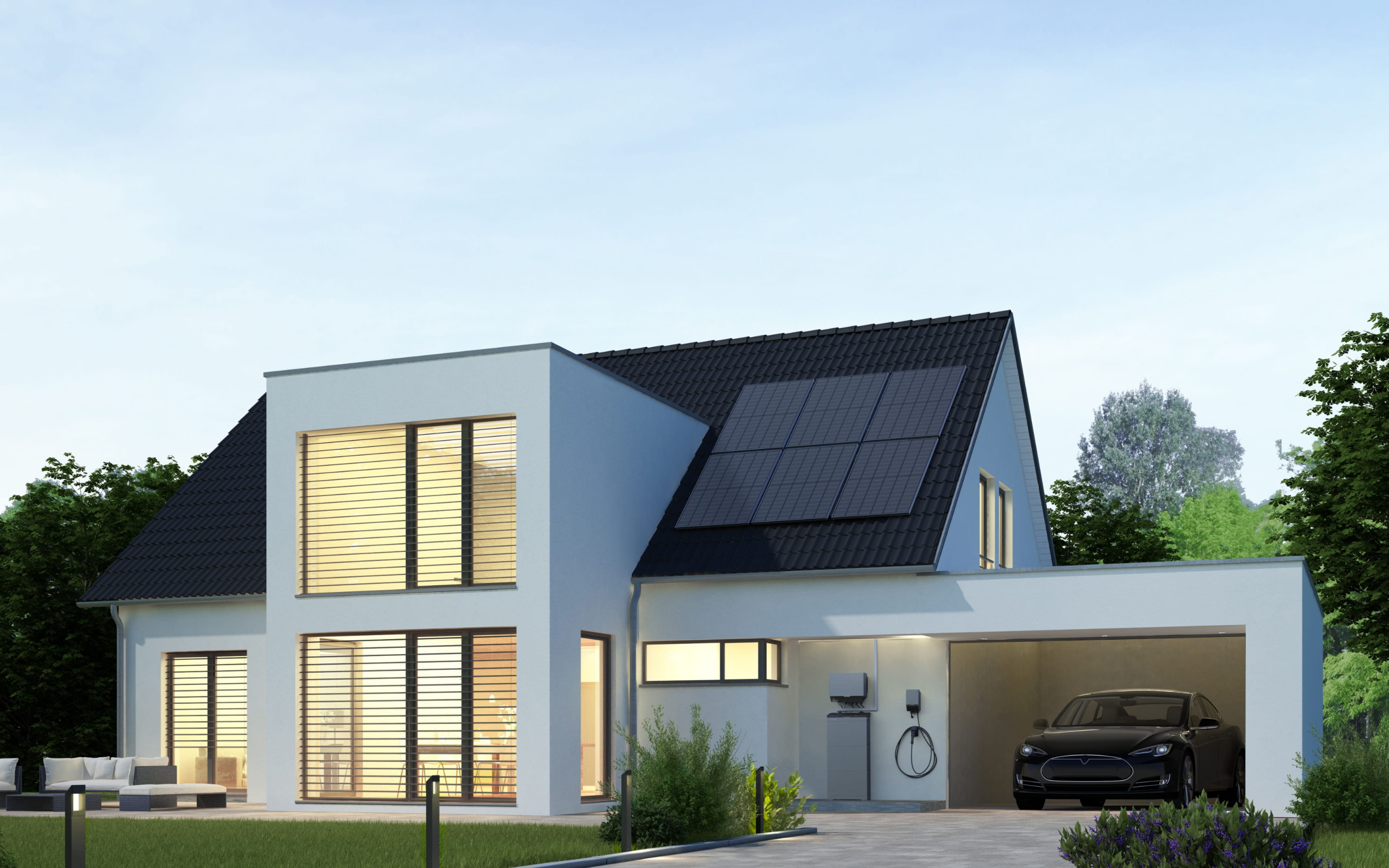 A home EV charger, battery storage, and PV panels installed in a modern solar home