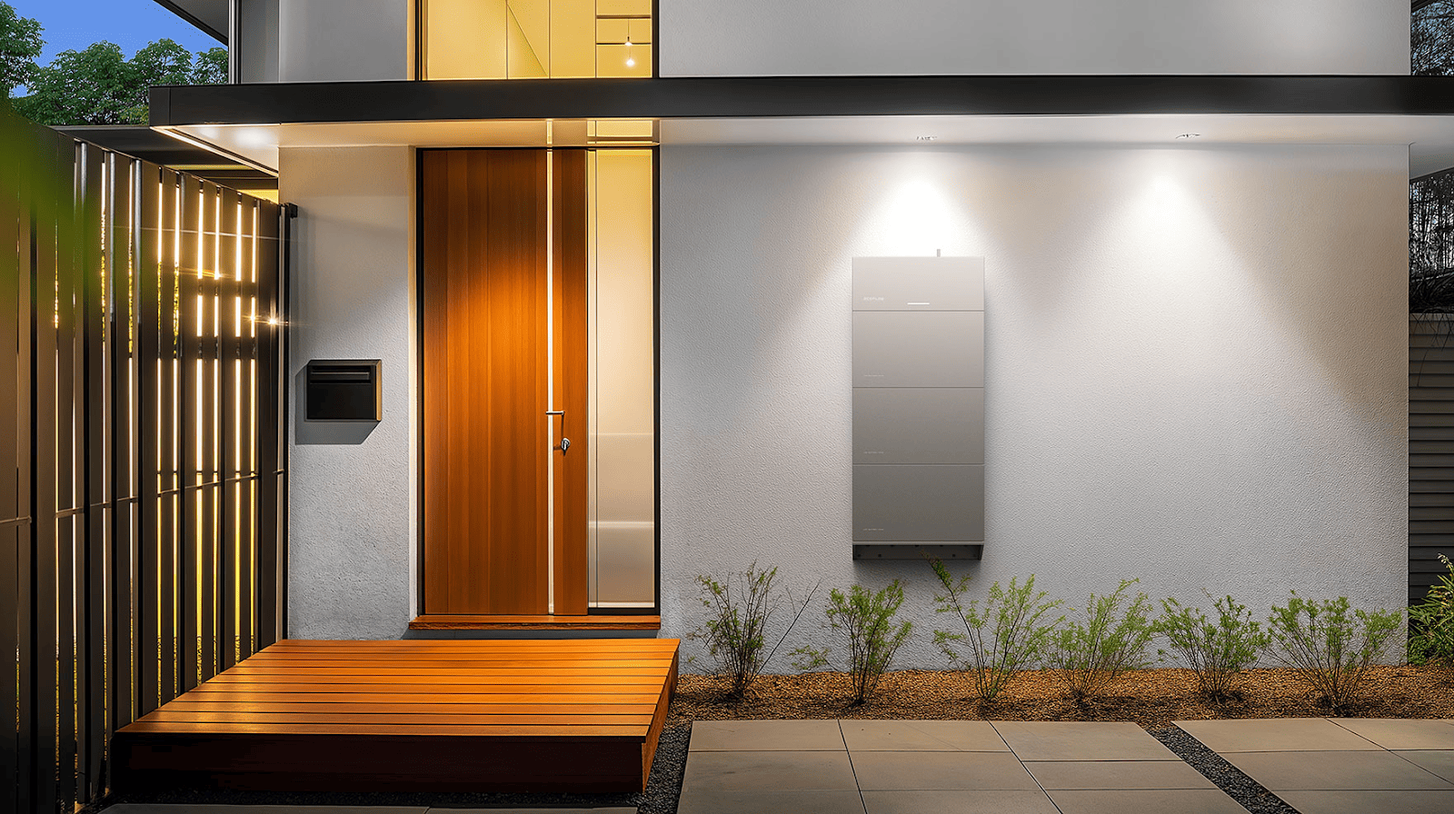 A wall-installed home battery storage system at the front of a modern home