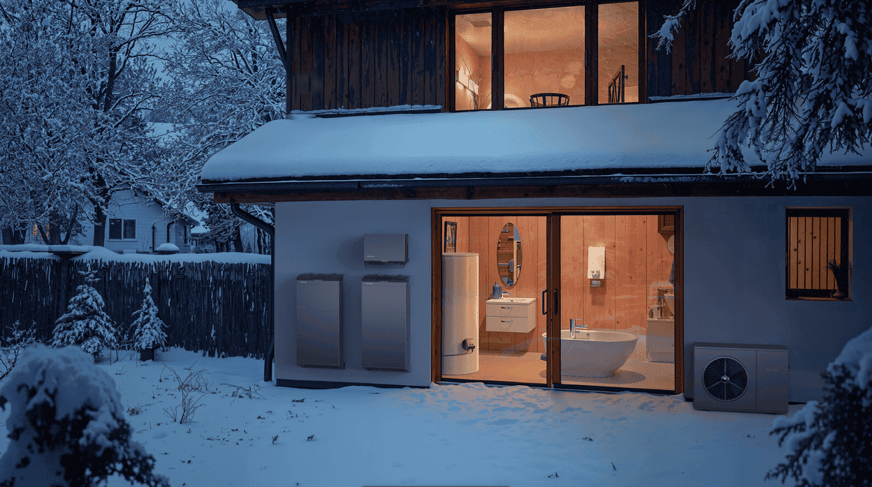 Casa con sistema di pompa di calore aria-acqua in inverno