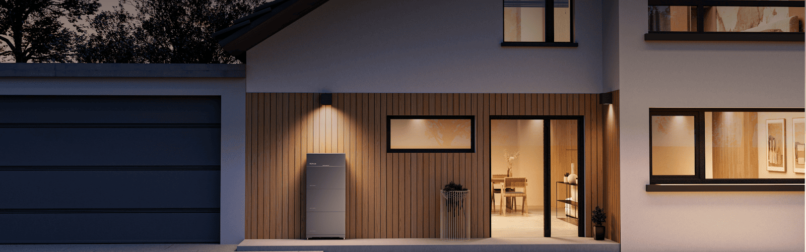 Przednia elewacja nowoczesnego domu z zainstalowanym na zewnątrz magazynem energii