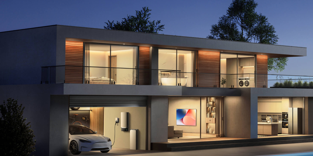 Featured image from EcoFlow Horowitz Research survey: Modern home exterior at dusk with integrated solar panels and battery backup system, symbolizing energy independence amid concerns over extreme natural disasters, soaring energy bills, and failing power grid in California, Texas, and Florida.