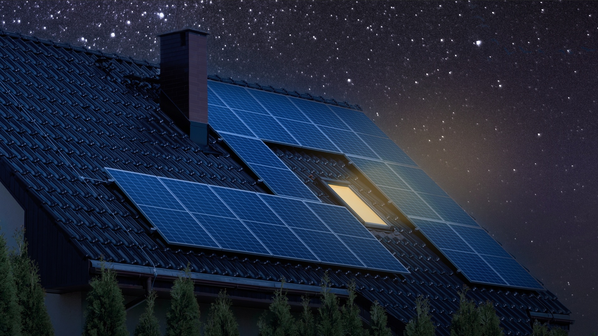 Home rooftop solar panels connected to EcoFlow OCEAN Pro battery system continuing to supply stored solar energy overnight