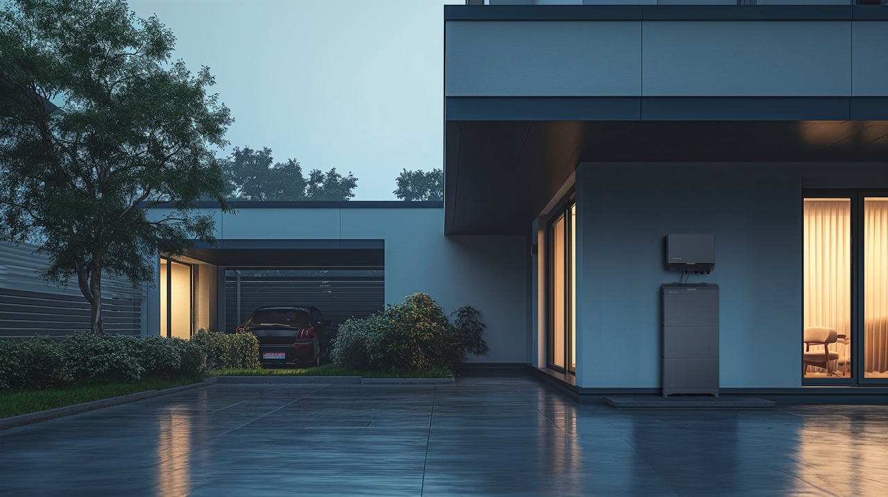 PowerOcean Stromspeicher von EcoFlow am Abend an der Hauswand