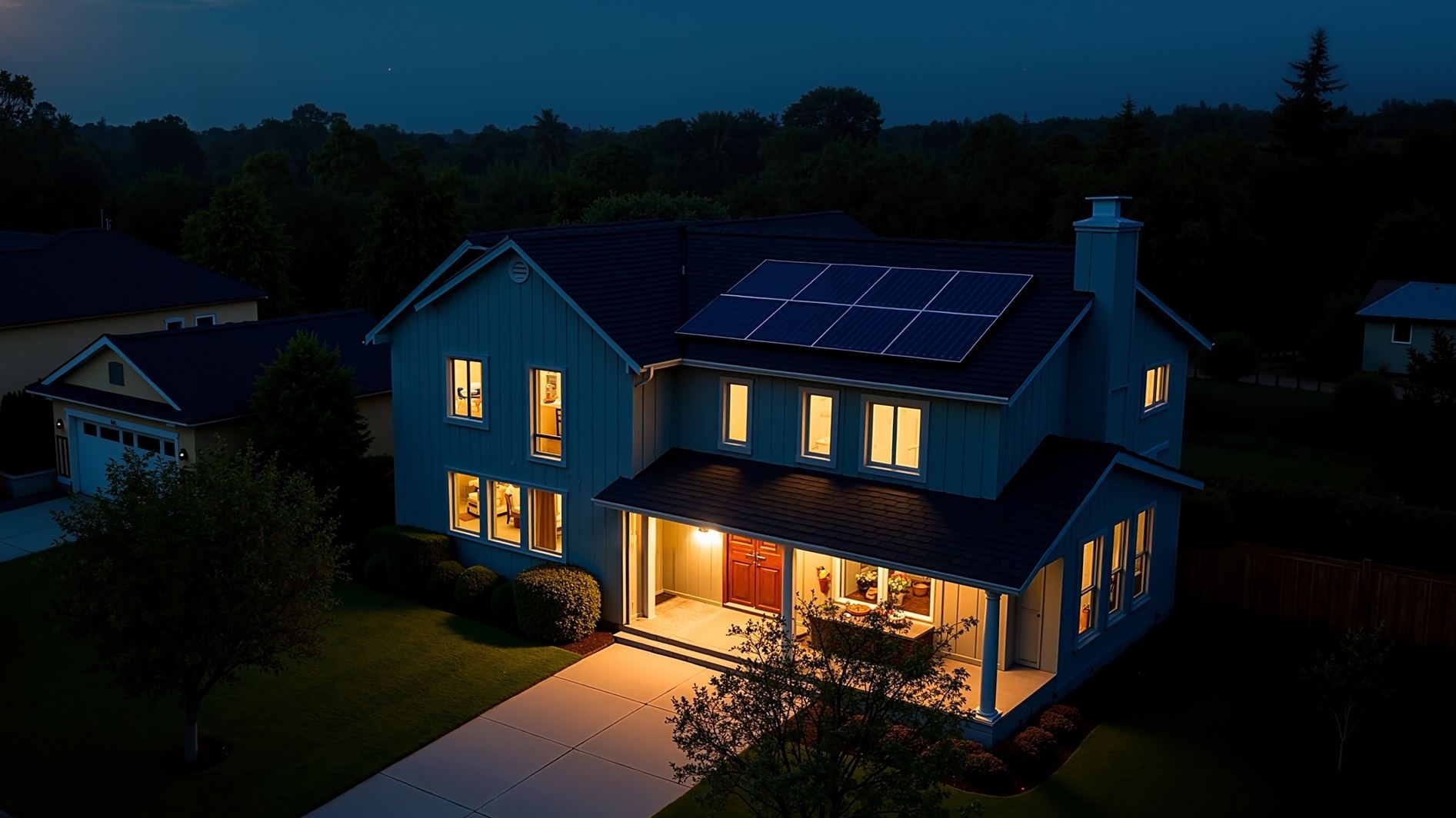 An aerial night view of a home with rooftop solar panels, fully illuminated with warm light supported by the EcoFlow OCEAN Pro system.