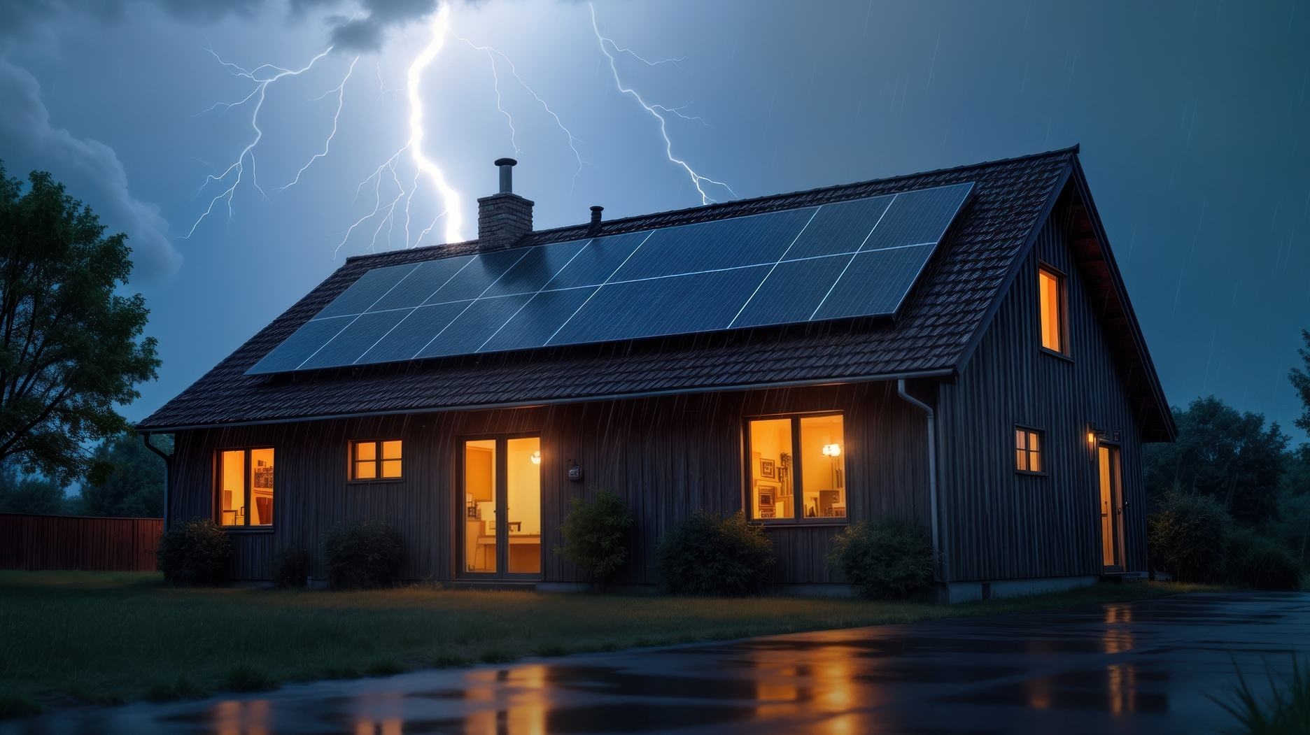 A house with solar panels remaining brightly lit during a severe thunderstorm with lightning, demonstrating the reliable backup power of the EcoFlow OCEAN Pro.