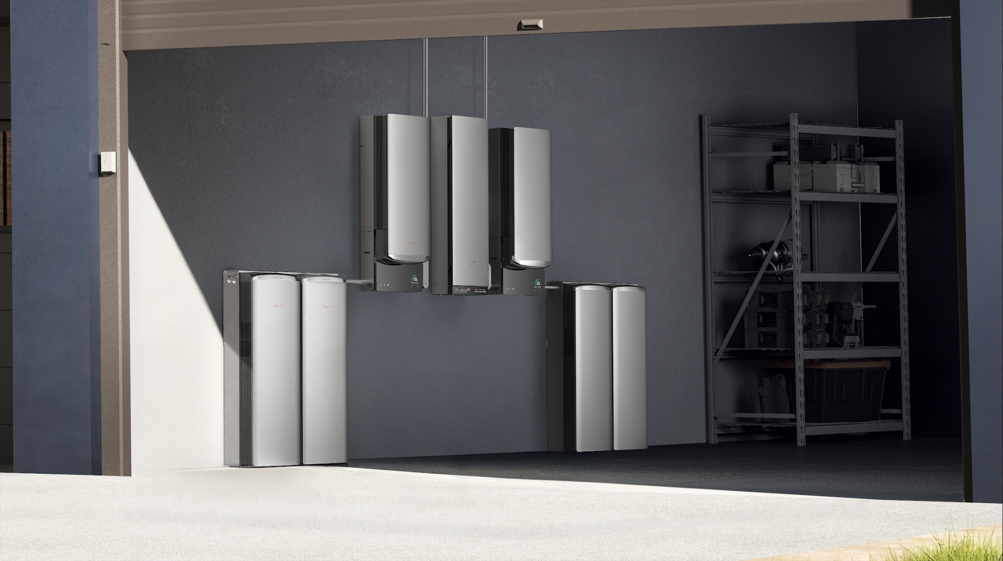 A large-capacity EcoFlow OCEAN Pro installation in a garage setting, featuring three interconnected wall-mounted inverters and four floor-standing battery units arranged along a grey wall.