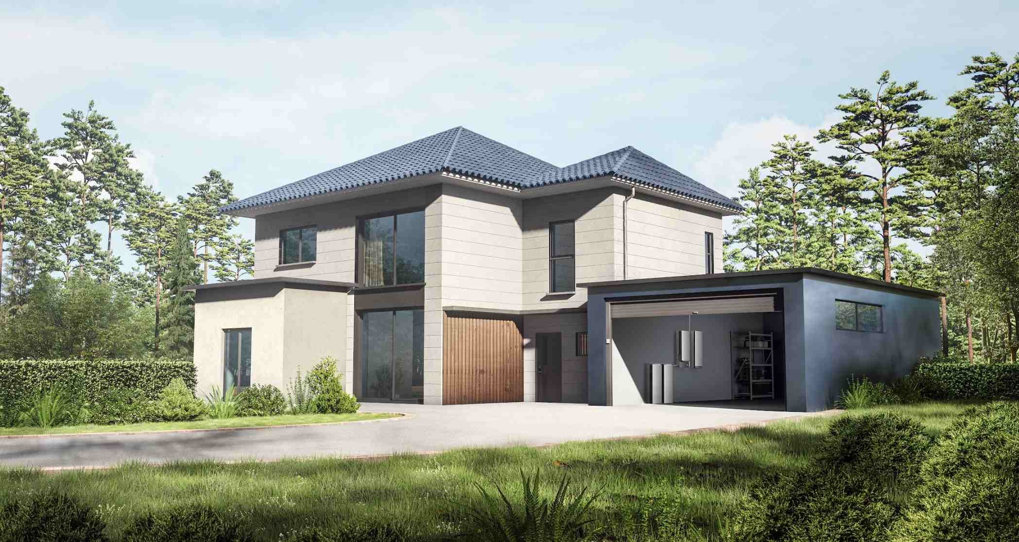 Modern two-story house with an attached garage featuring installed home energy storage systems.