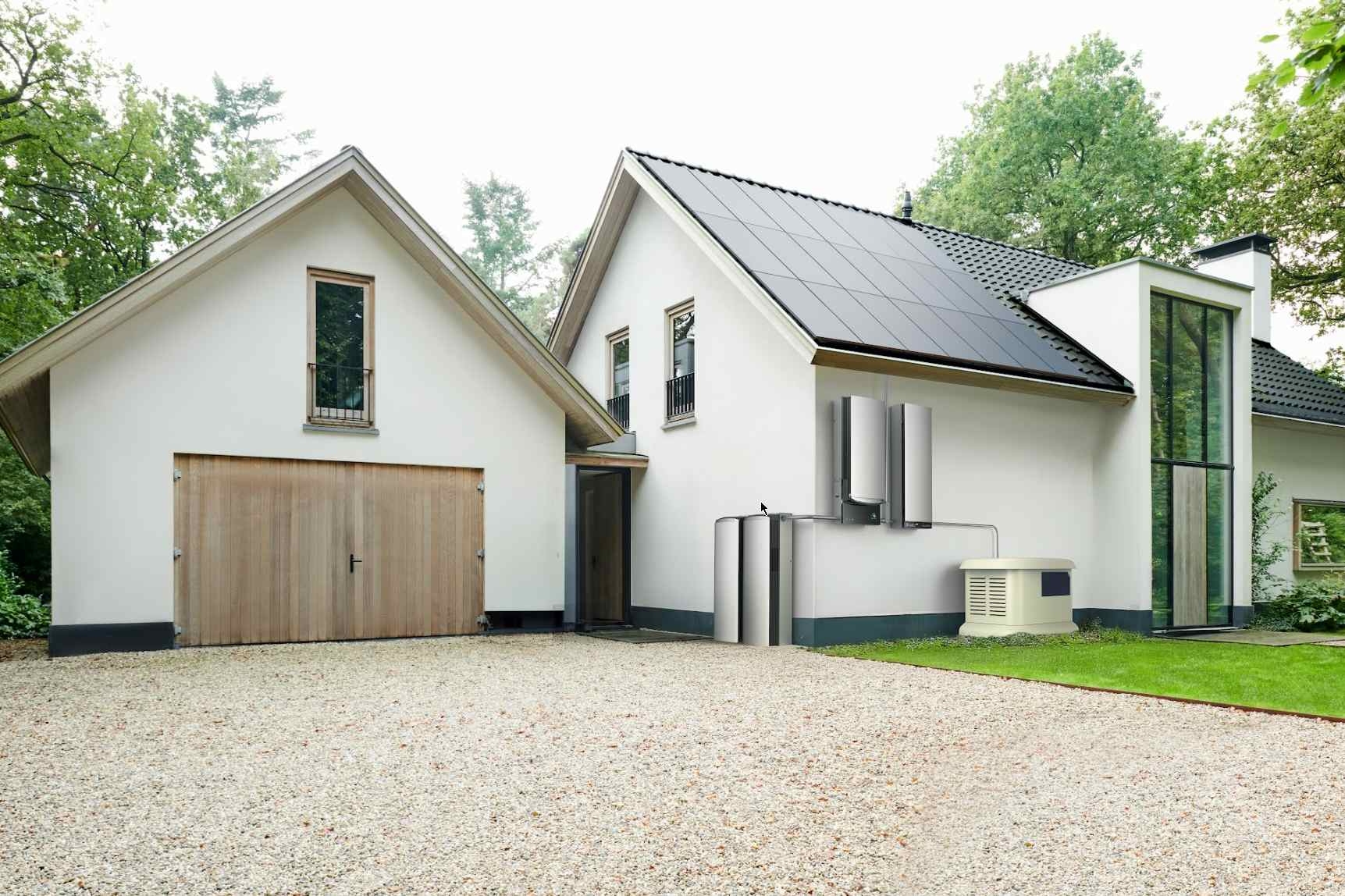 Modern two-story house with an attached garage featuring installed home energy storage systems.
