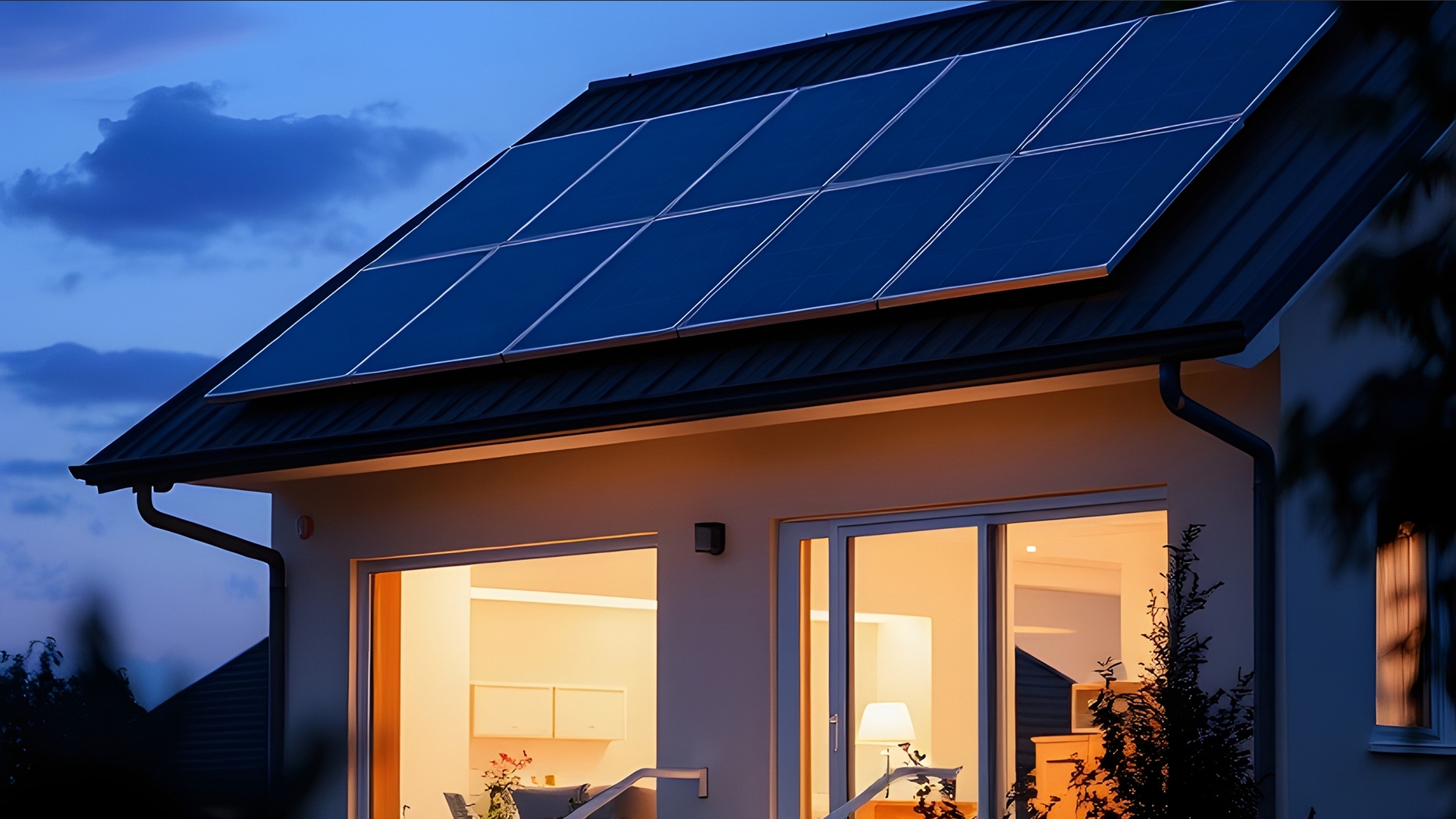 Modern house with rooftop solar panels illuminated from within at twilight.