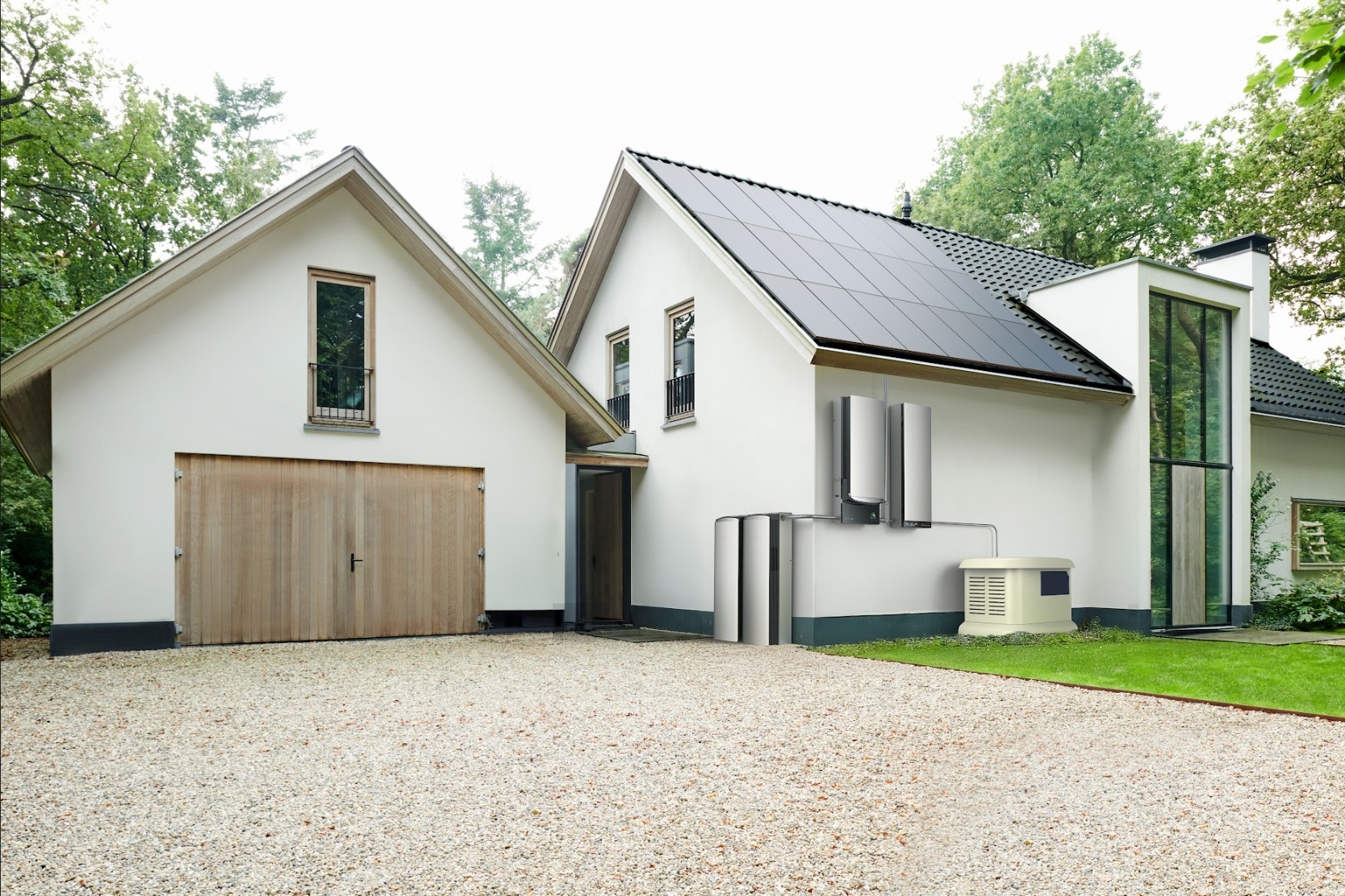 Modern white house with solar panels and exterior energy storage units next to a gravel driveway.