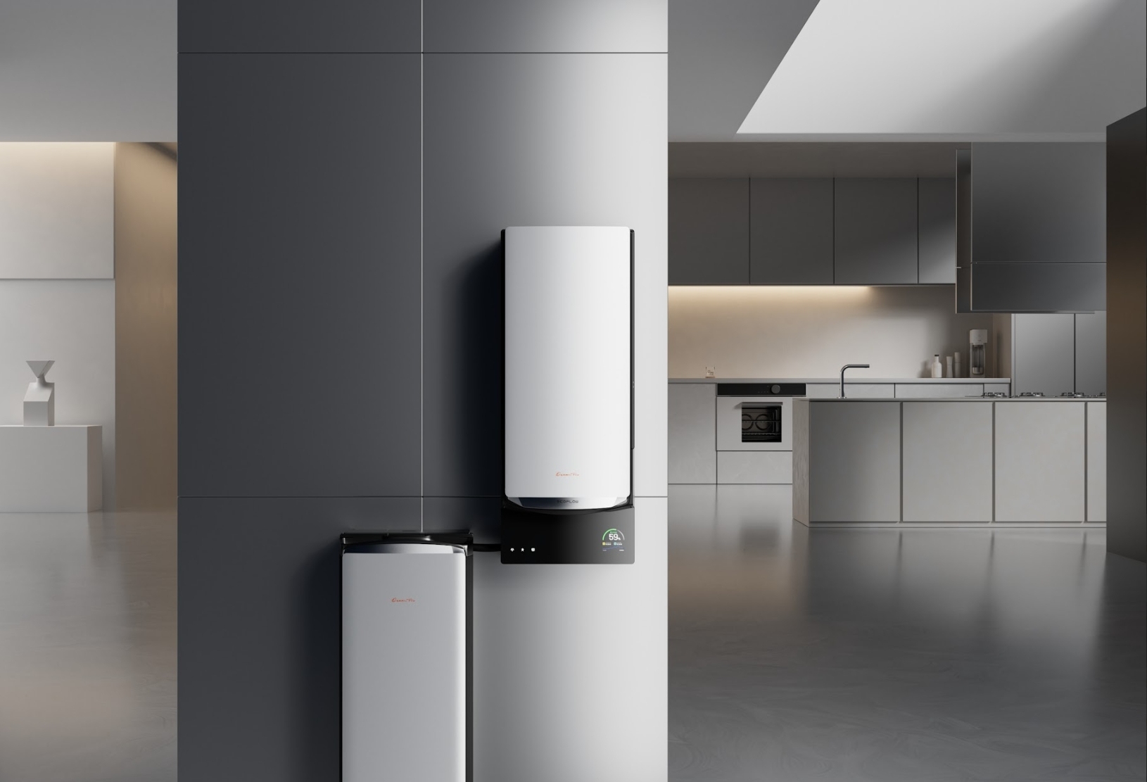 Sleek carbon-fiber residential battery storage system mounted in a modern dark garage.