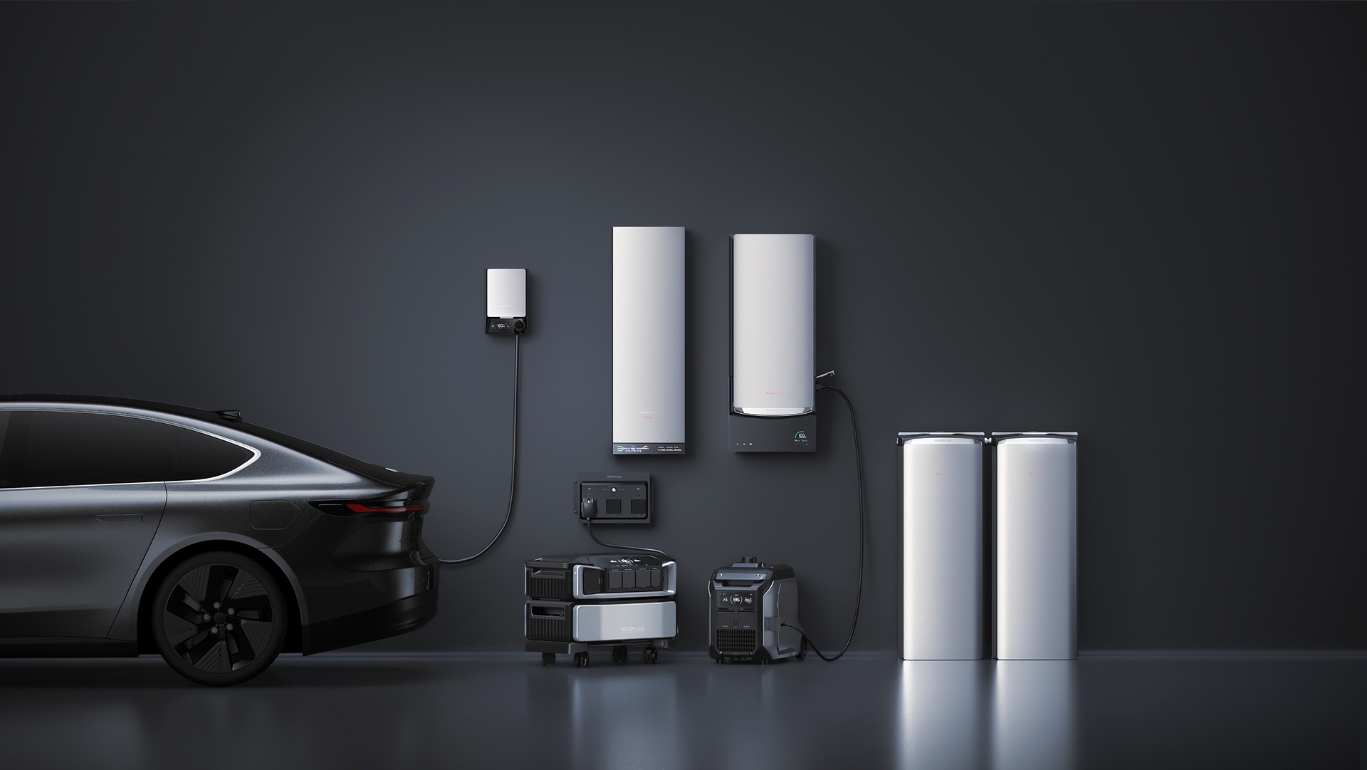 Full EcoFlow home backup ecosystem charging an electric car against a dark grey background.