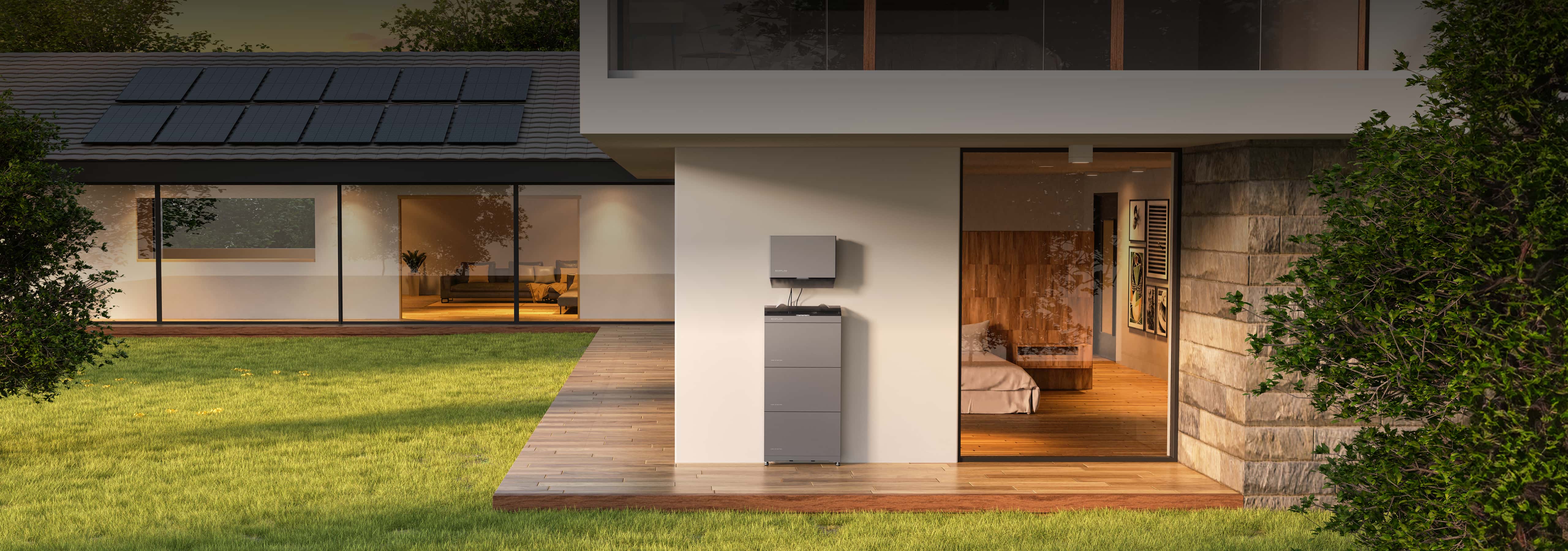 exterior view of an EcoFlow efficiency system with rooftop panels and garden battery storage