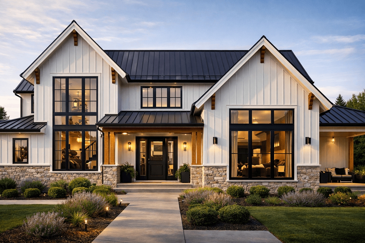 Board-and-batten siding & black window frames