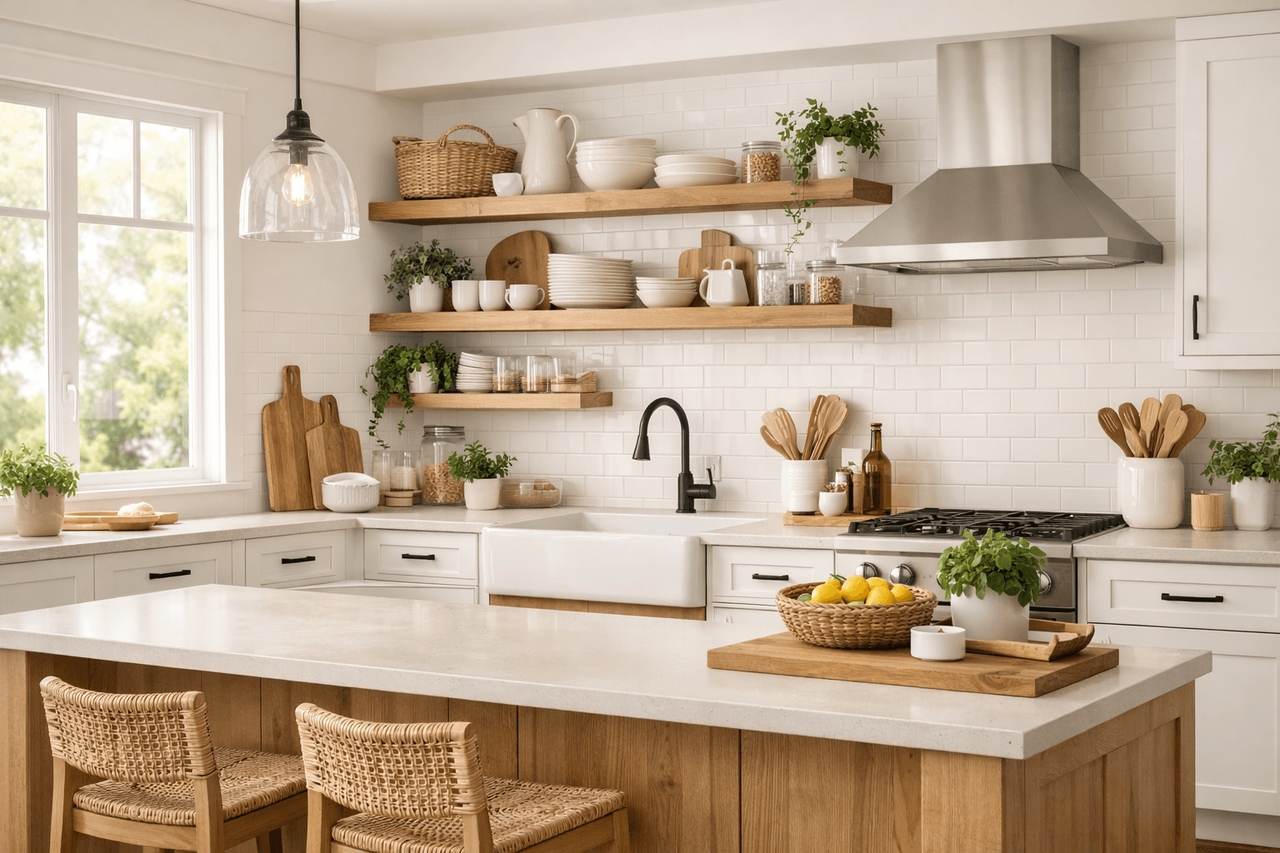 Open shelves and natural wood accents