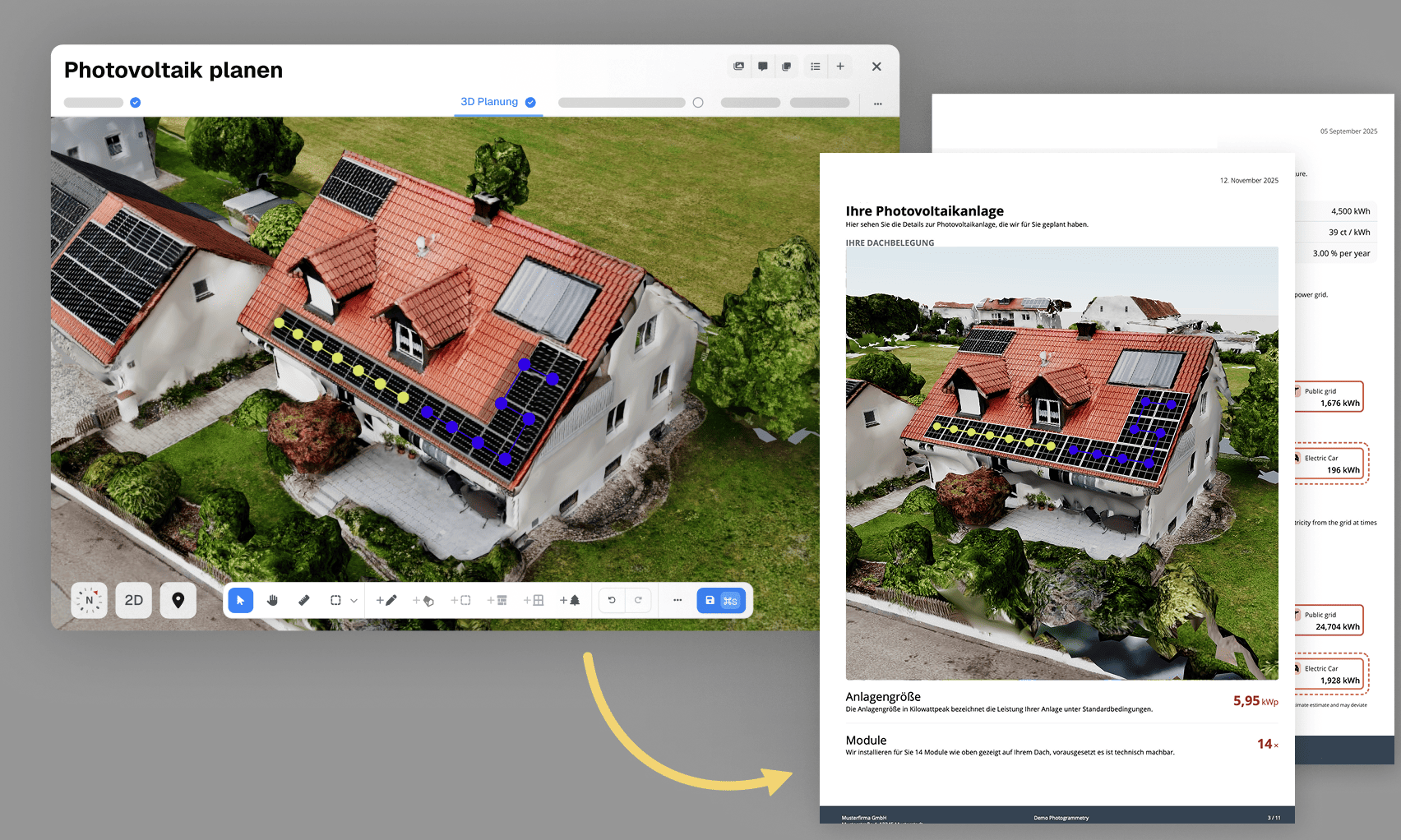 3D-Simulation einer Photovoltaikanlage auf einem Wohnhaus