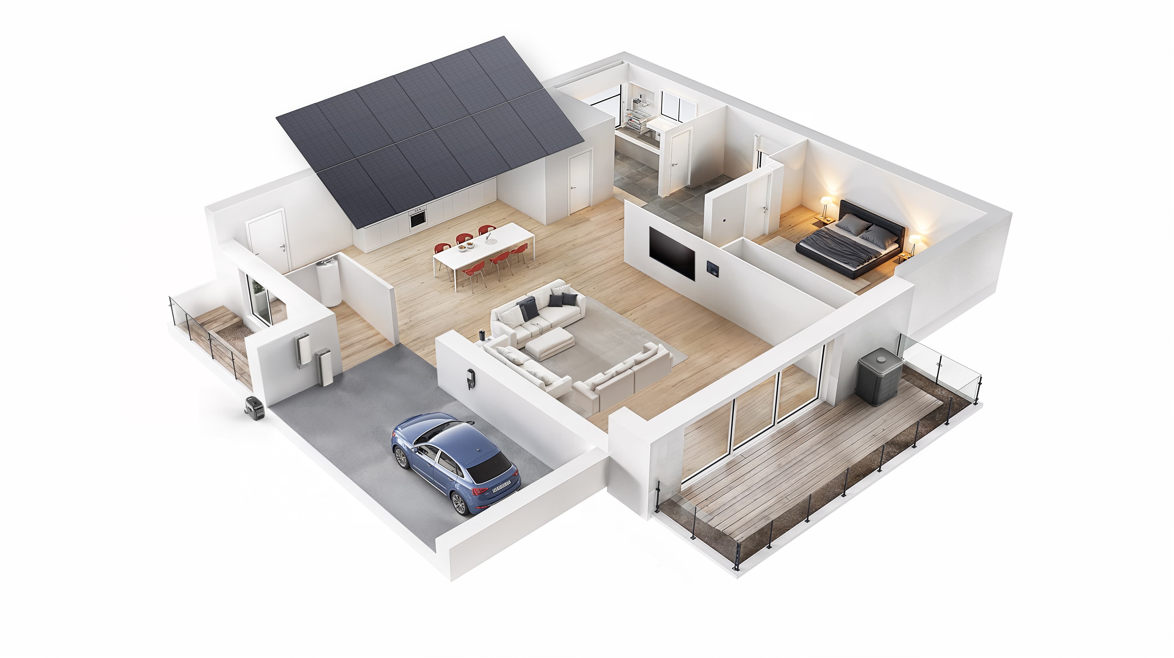 A 3D cutaway diagram of a modern home, showing solar panels on the roof that power the house and charge an electric car in the garage.