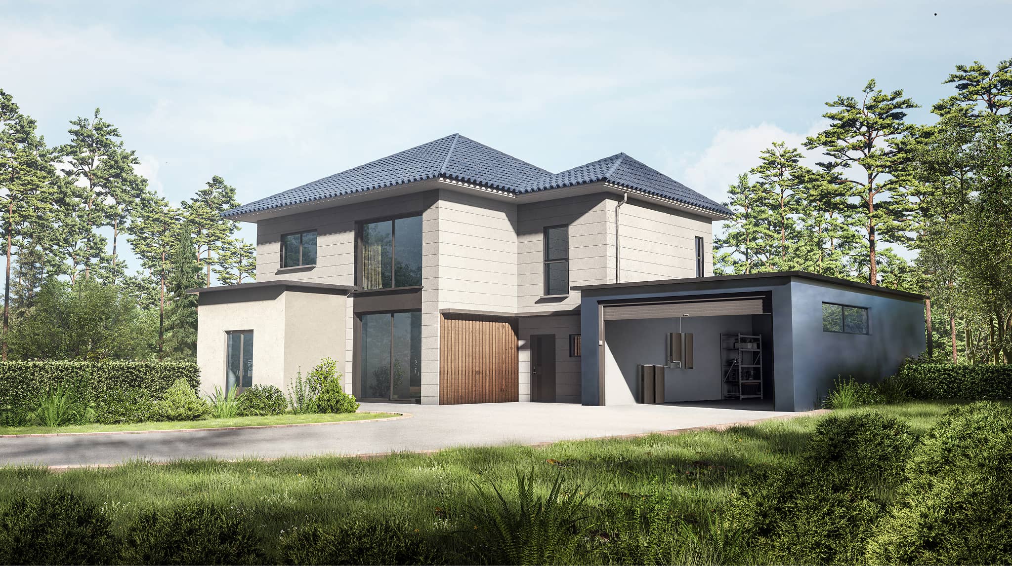 A modern two-story house with a blue-tiled roof and an open garage, surrounded by trees.