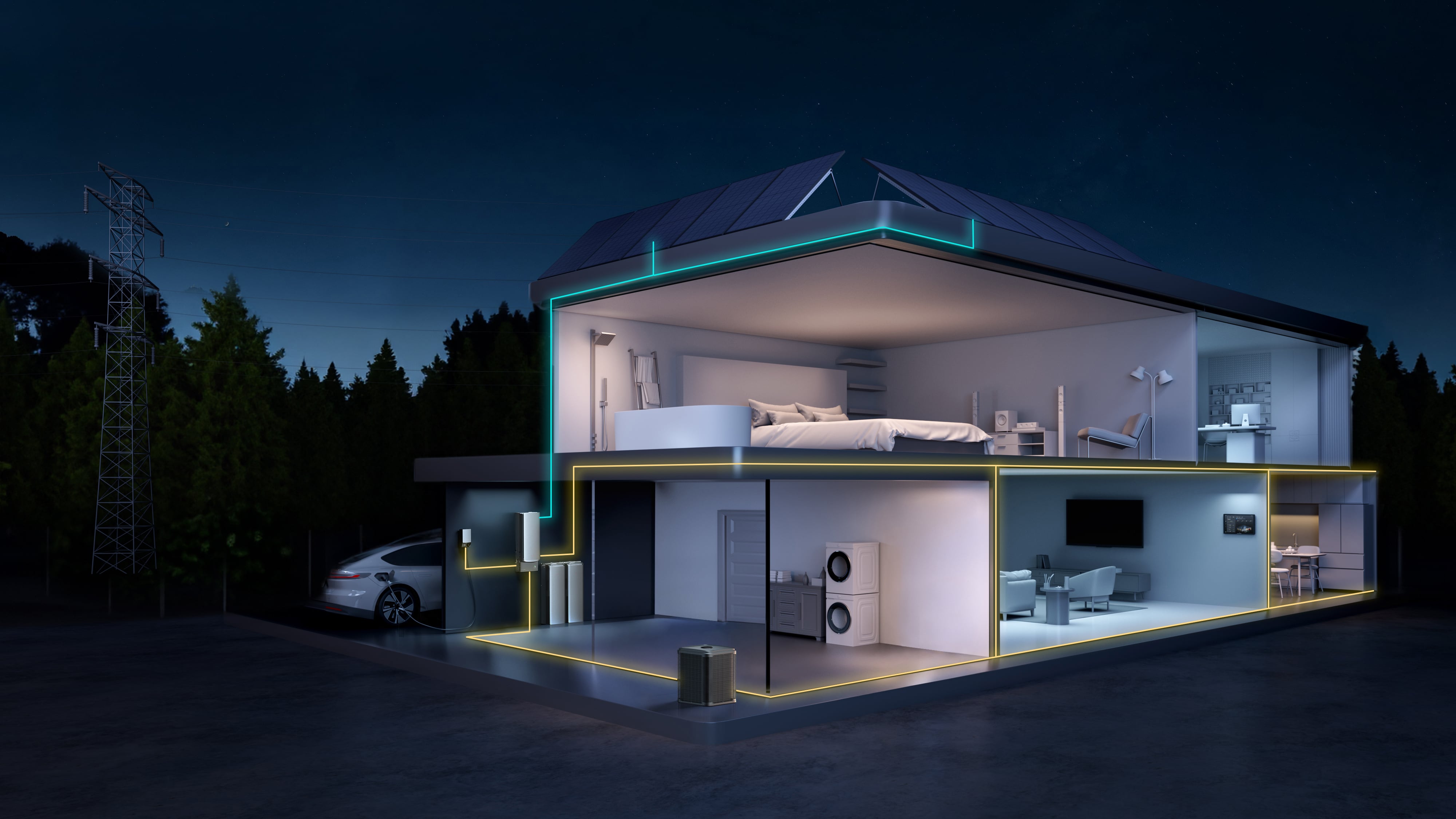 This cutaway view of modern smart homes illustrates how AI intelligently manages connected appliances using clean solar energy.