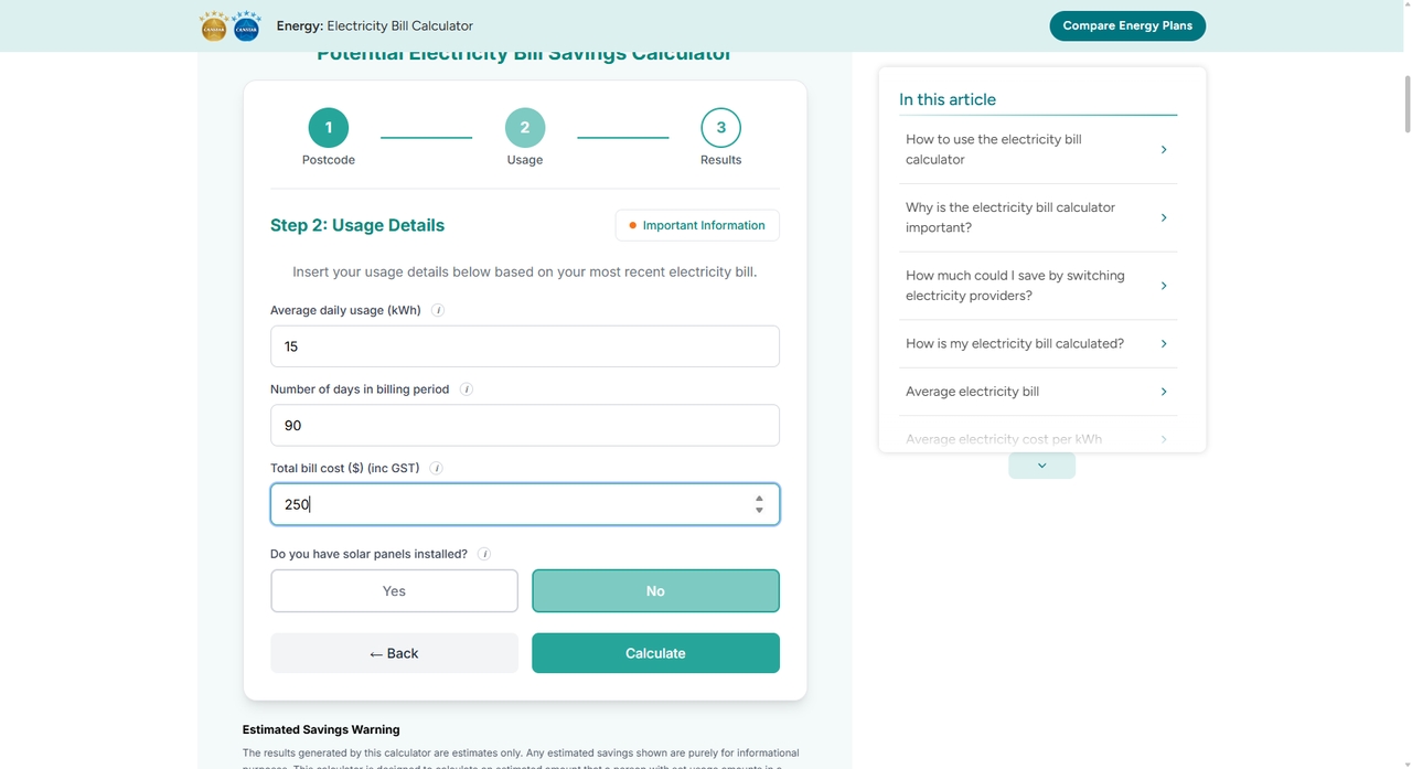 Canstar Electricity Bill Calculator