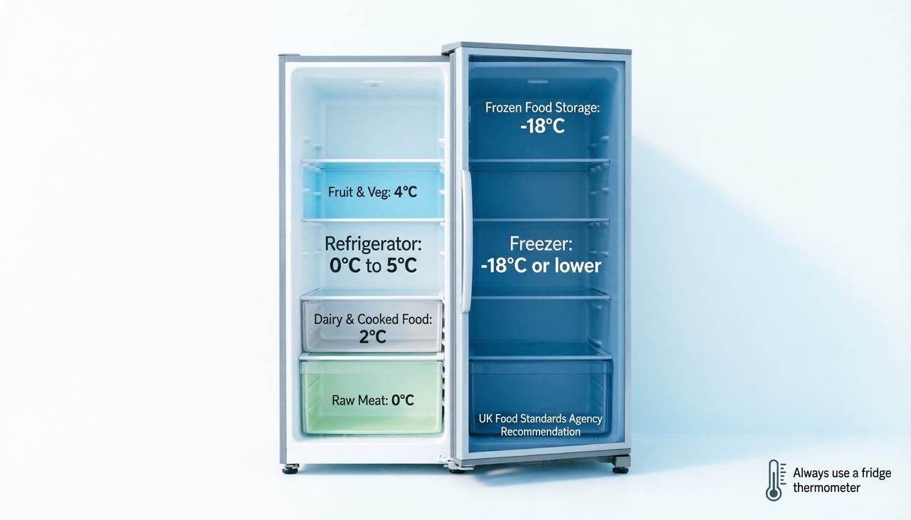 Visual infographic showing ideal refrigerator and freezer temperatures for UK households