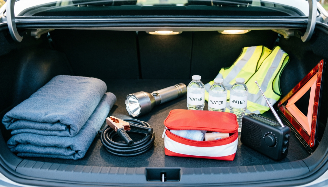 Vehicle emergency kit setup inside a car trunk