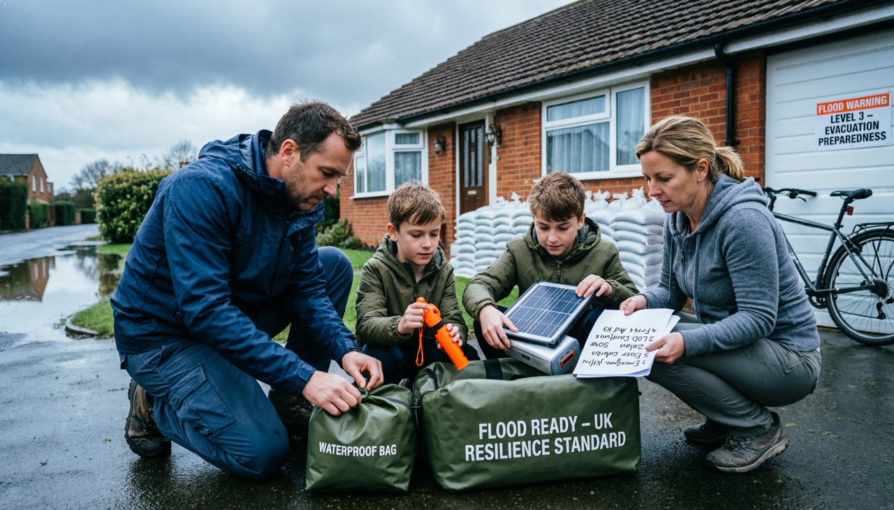 Family organising waterproof emergency supplies and backup energy equipment during flood warning