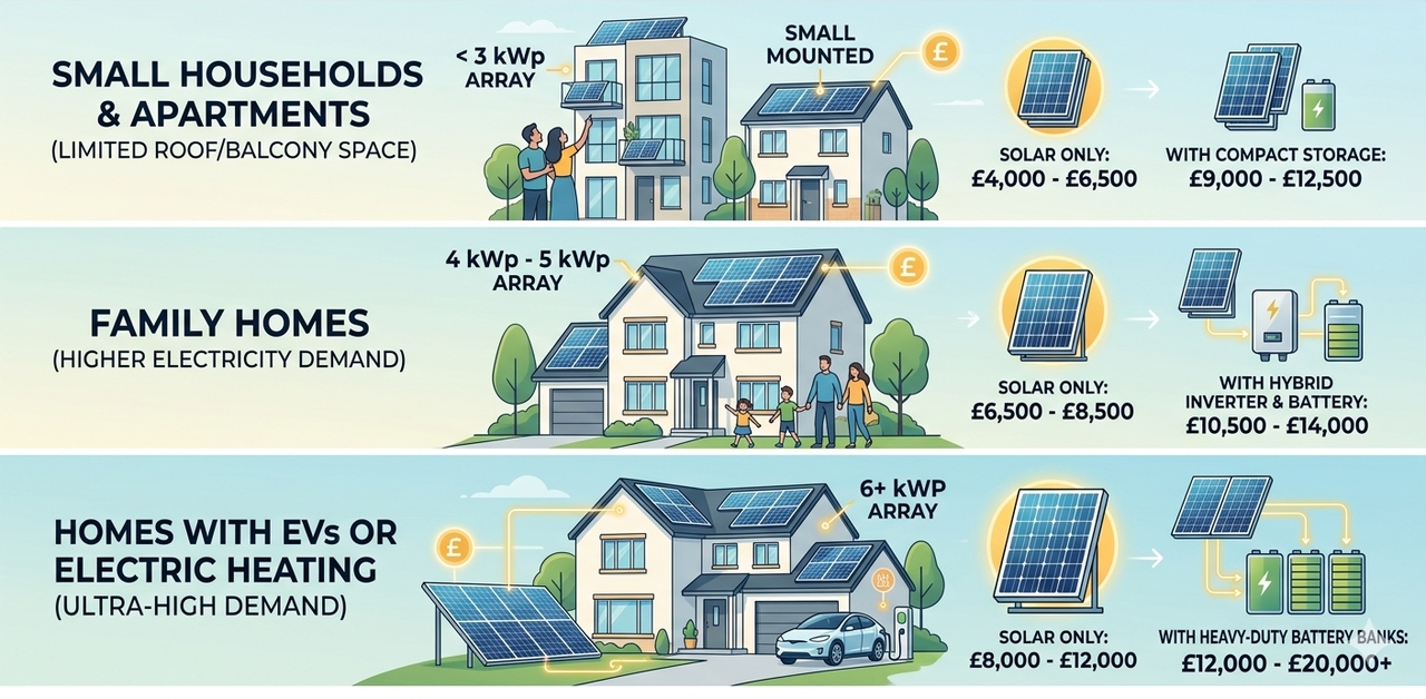  Solar energy costs for small households, family homes, and homes with EVs 
