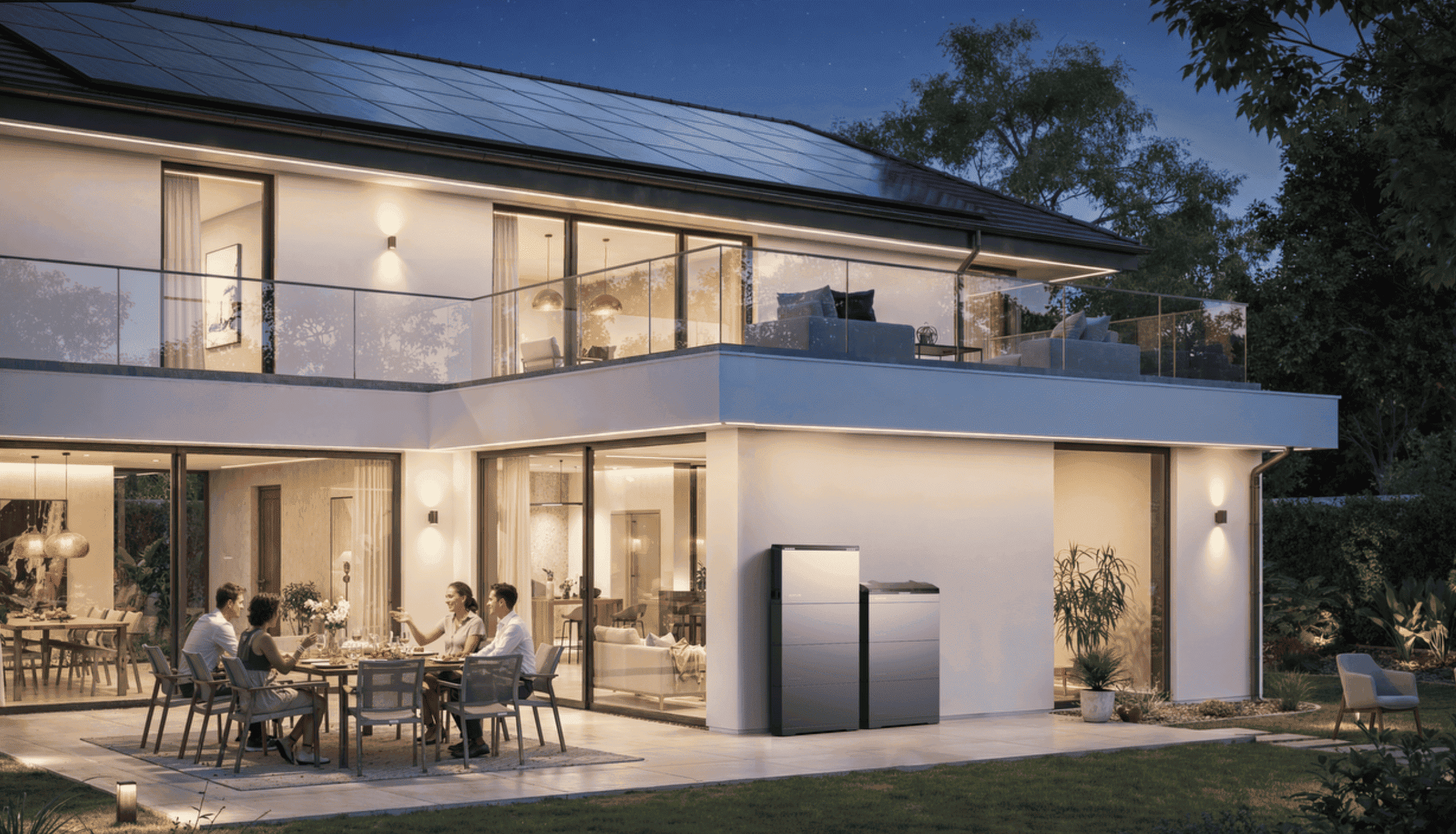 Modernes Einfamilienhaus mit Photovoltaikanlage auf dem Dach und EcoFlow OCEAN 2 Heimspeicher für eine intelligente Eigenenergieversorgung.