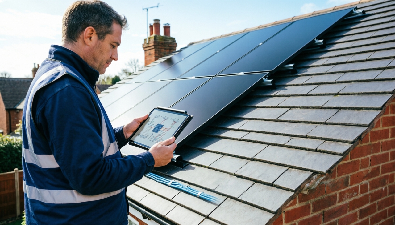 A technician reviews a solar panel wiring diagram on a digital tablet while rooftop solar panels