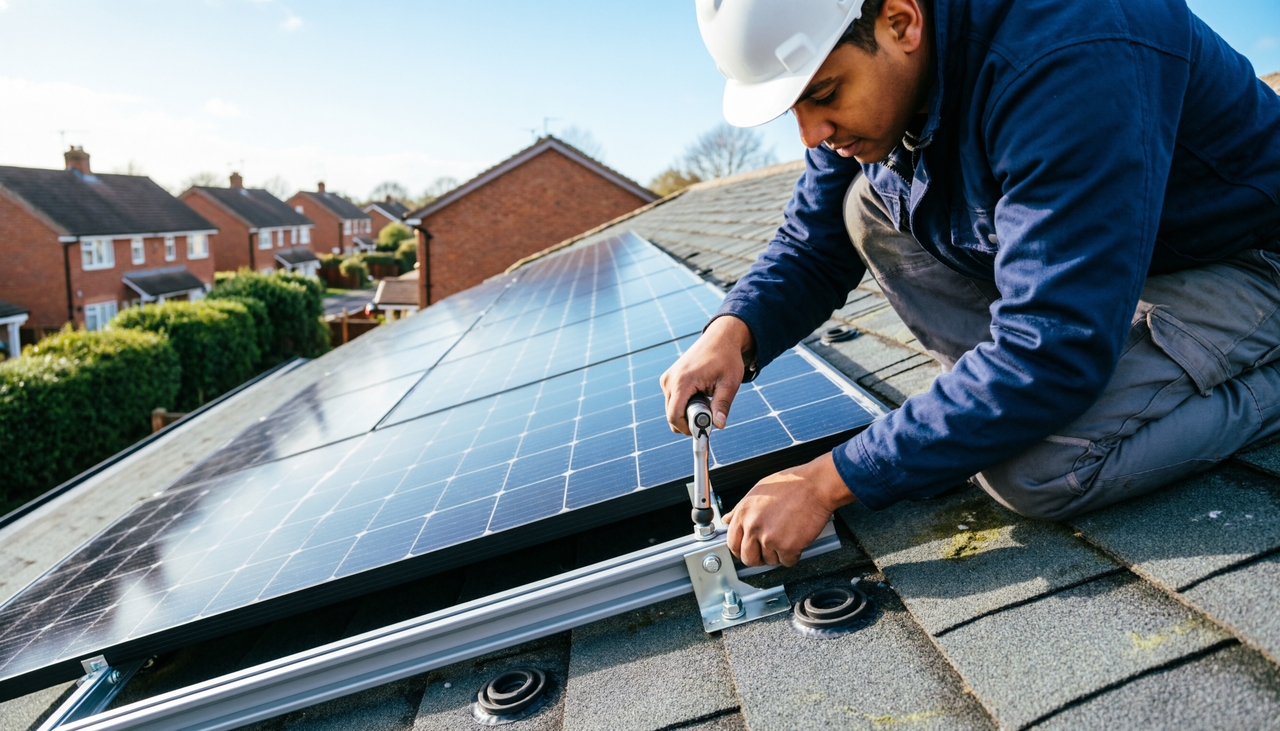 Professional solar installer securing solar panel brackets and mounting rails on a pitched roof
