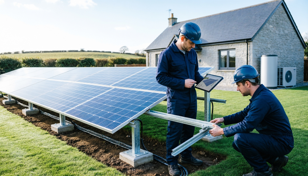 Professional installers assessing ground mounted solar panels on fixed-frame structures