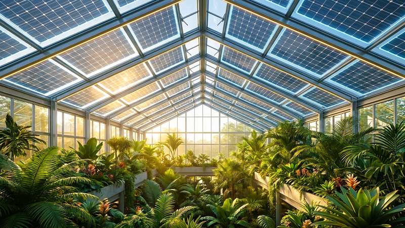 Solar shingles used on a greenhouse building