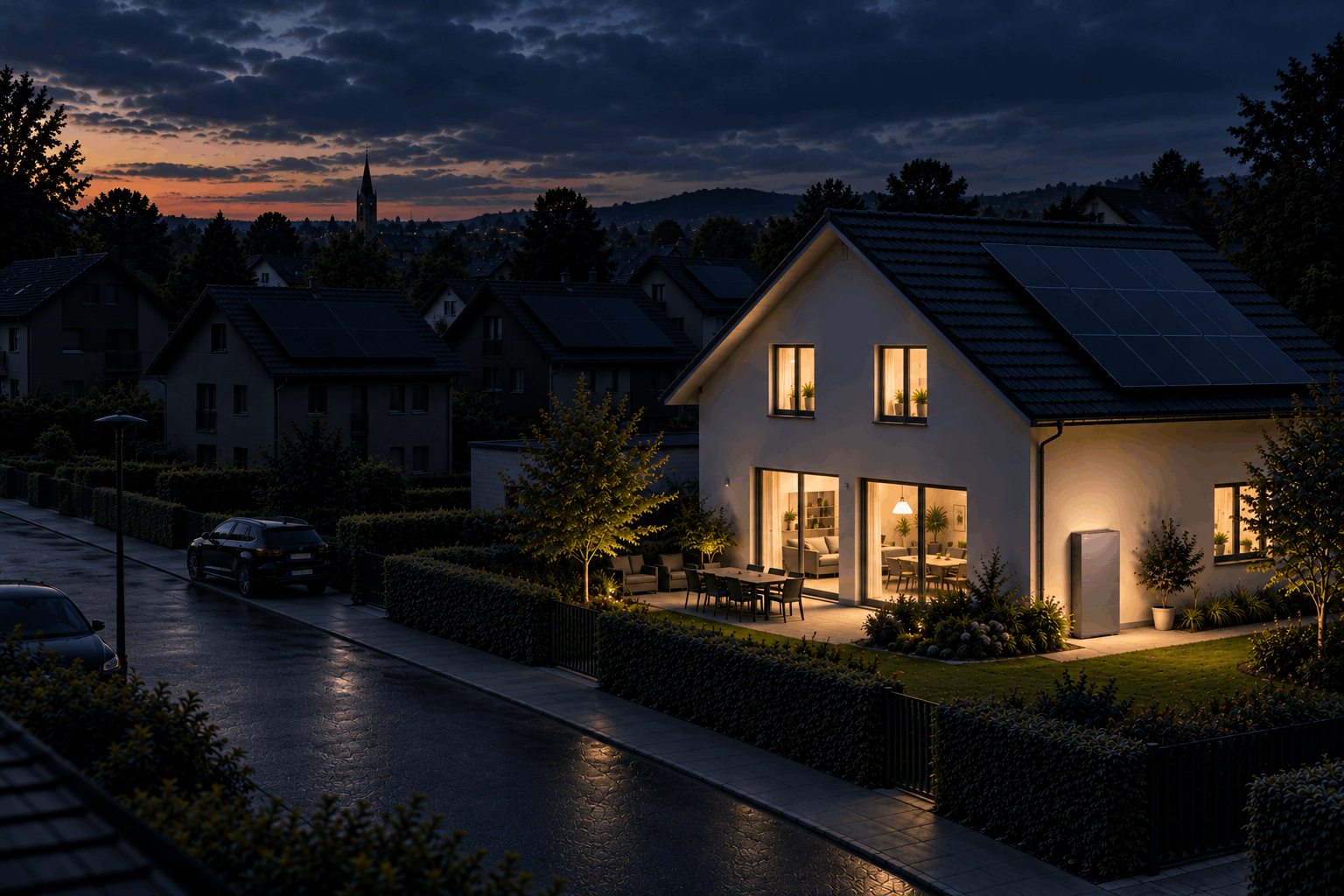 Beleuchtetes Einfamilienhaus mit Solaranlage und Batteriespeicher während eines Stromausfalls in der Nachbarschaft- KI-generiert.