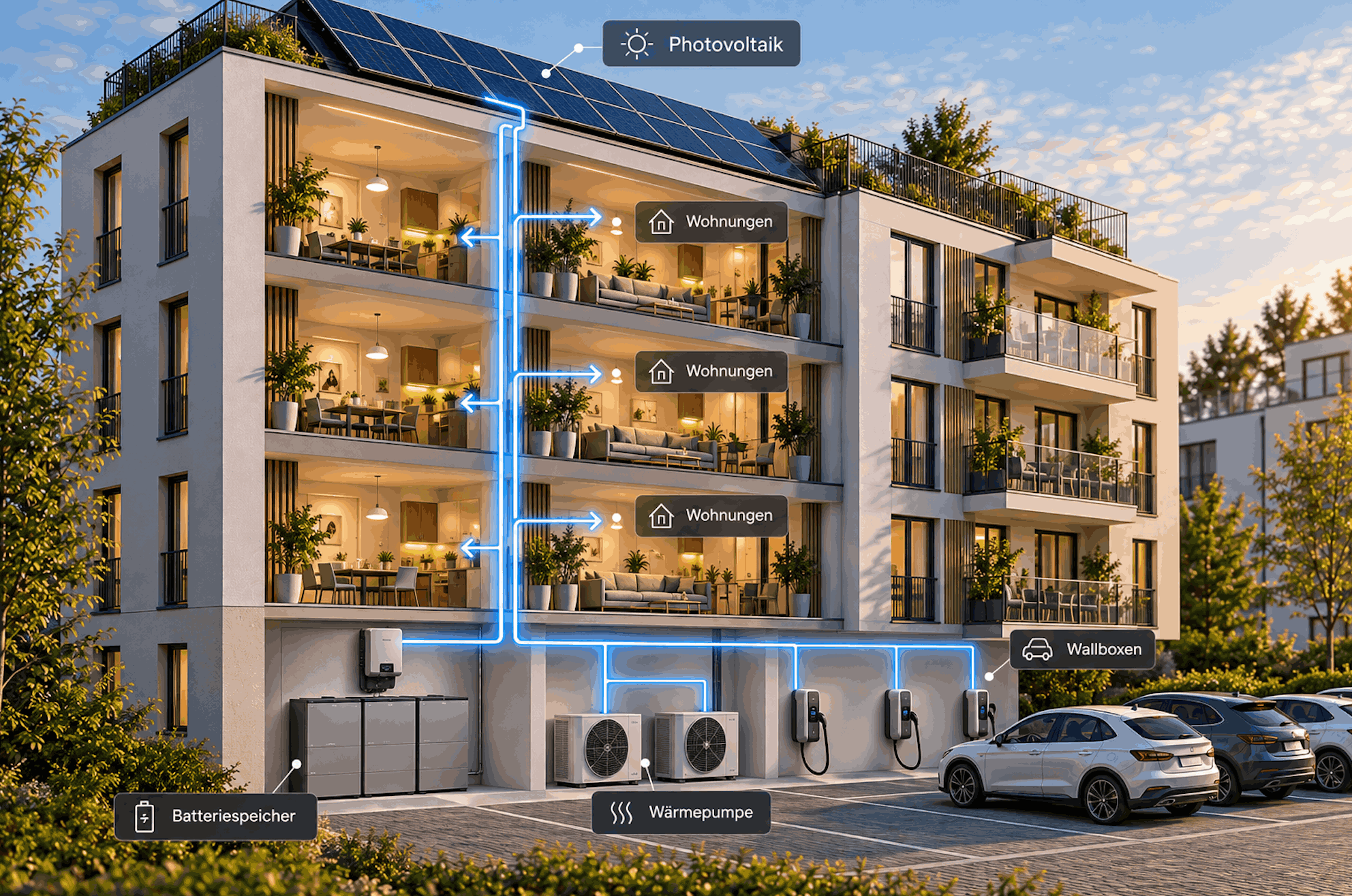 Mehrfamilienhaus mit Photovoltaik, Batteriespeicher, Wärmepumpen und Wallboxen im Mieterstromsystem Beispiel eines Energiesystems im Mehrfamilienhaus mit Photovoltaik, Batteriespeicher, Wärmepumpen und Ladeinfrastruktur. KI-generierte Illustration.