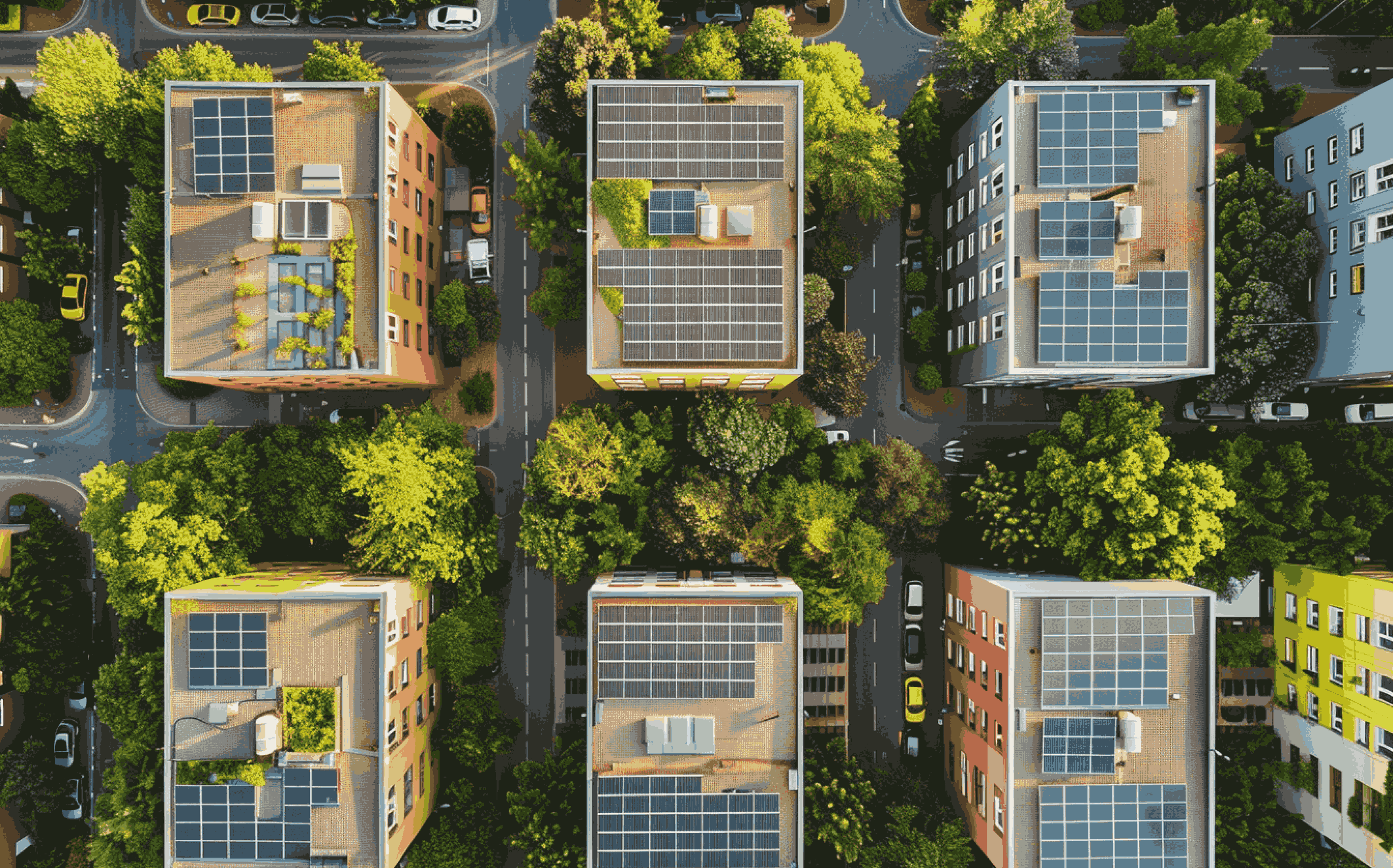 Mehrfamilienhäuser mit Photovoltaikanlagen auf den Dächern aus der Vogelperspektive  Foto: metergrid